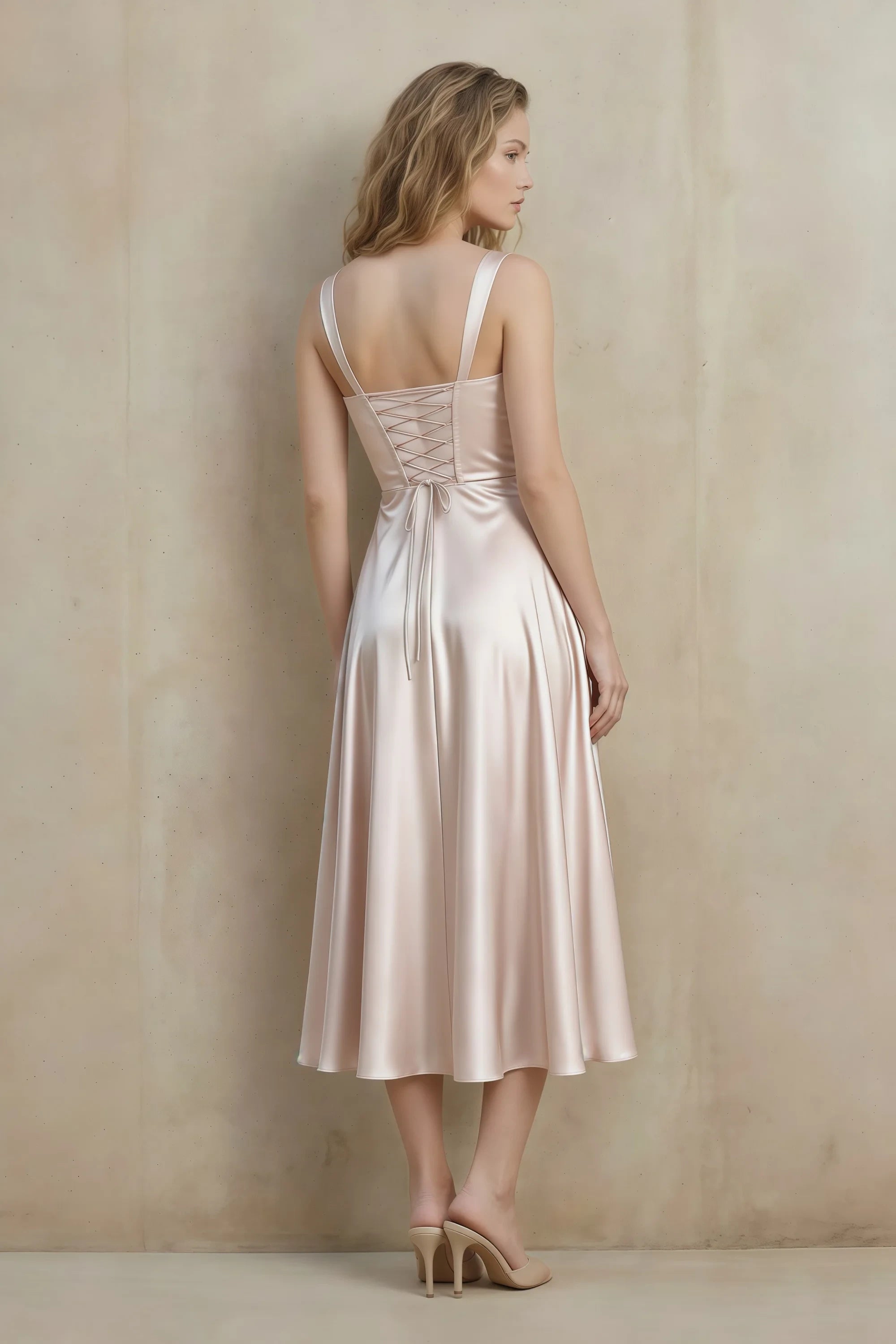 Abby Blush Satin Square Neck Ruched Midi Dress Secondary image