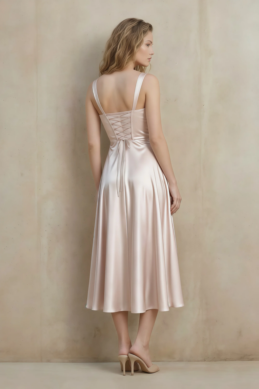 Abby Blush Satin Square Neck Ruched Midi Dress