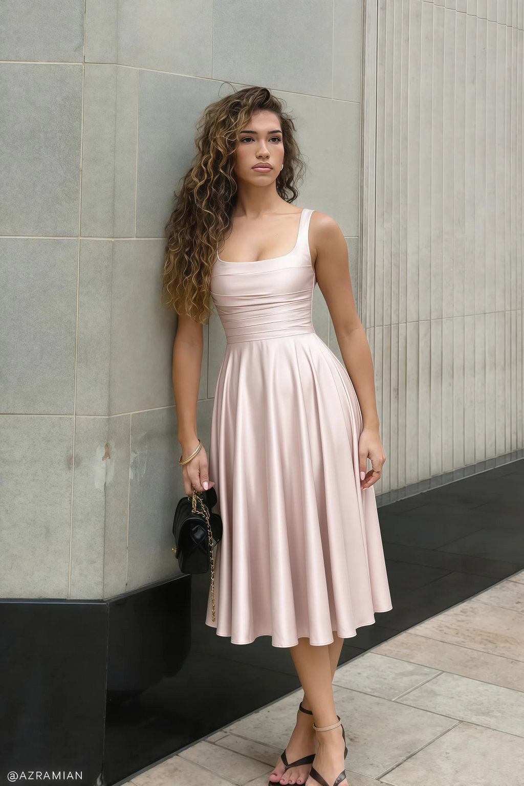 Abby Blush Satin Square Neck Ruched Midi Dress