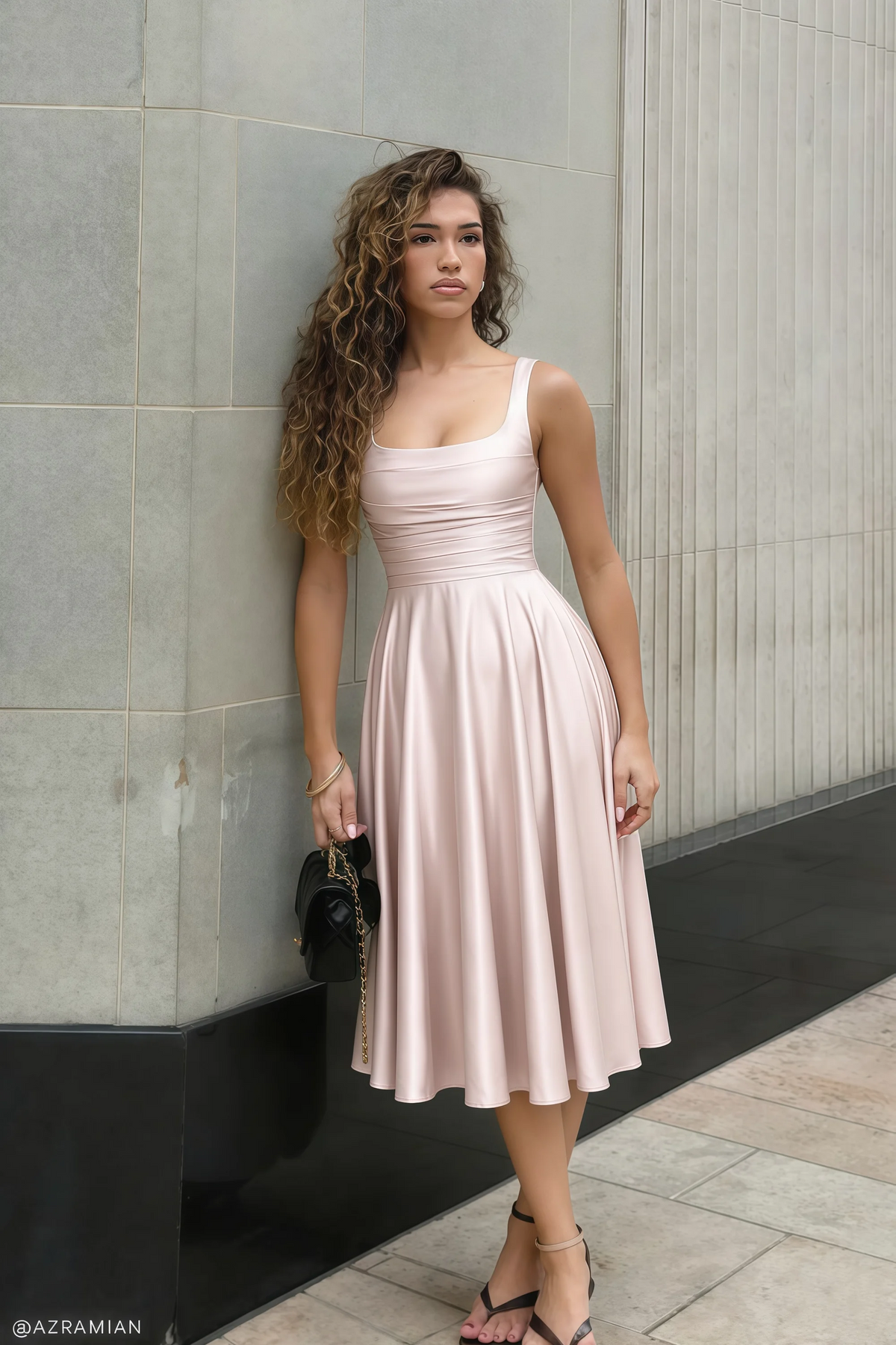 Abby Blush Satin Square Neck Ruched Midi Dress
