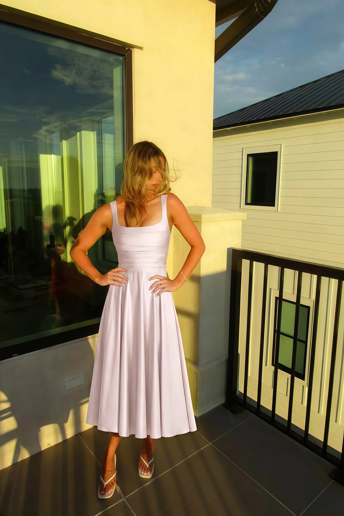 Abby Blush Satin Square Neck Ruched Midi Dress