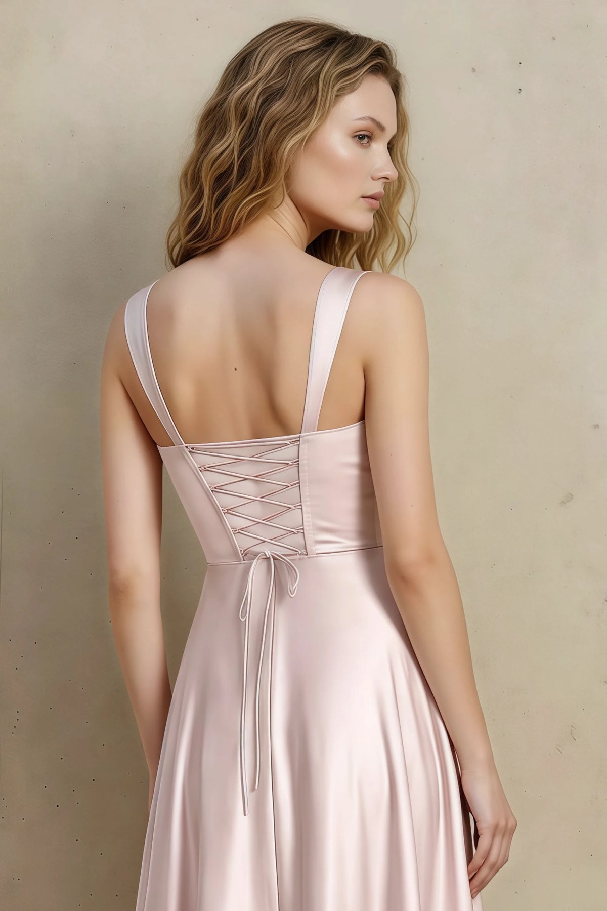 Abby Blush Satin Square Neck Ruched Midi Dress