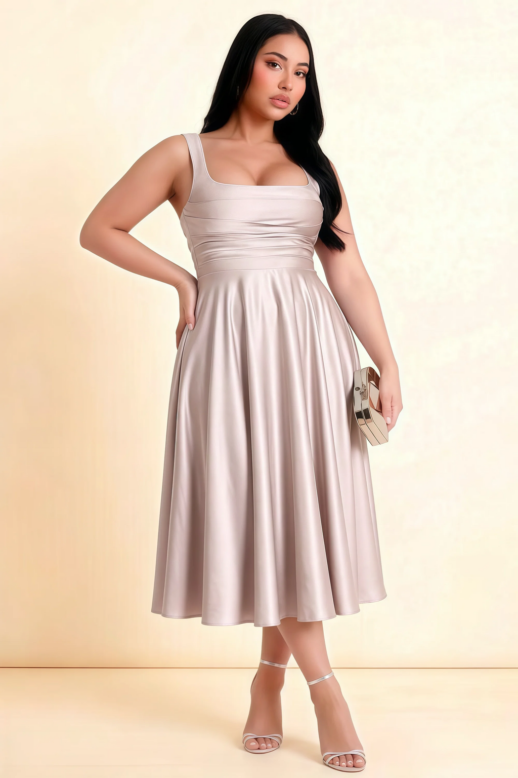 Abby Blush Satin Square Neck Ruched Midi Dress