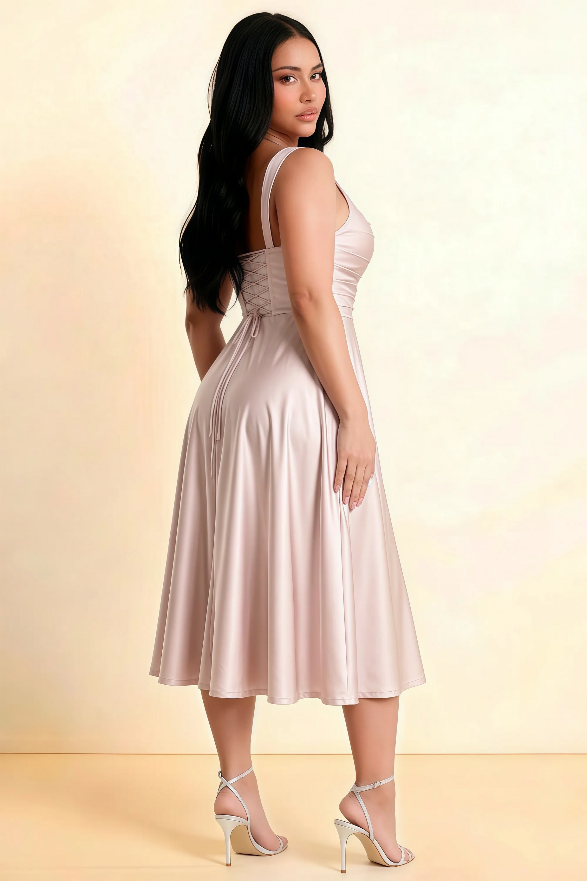 Abby Blush Satin Square Neck Ruched Midi Dress