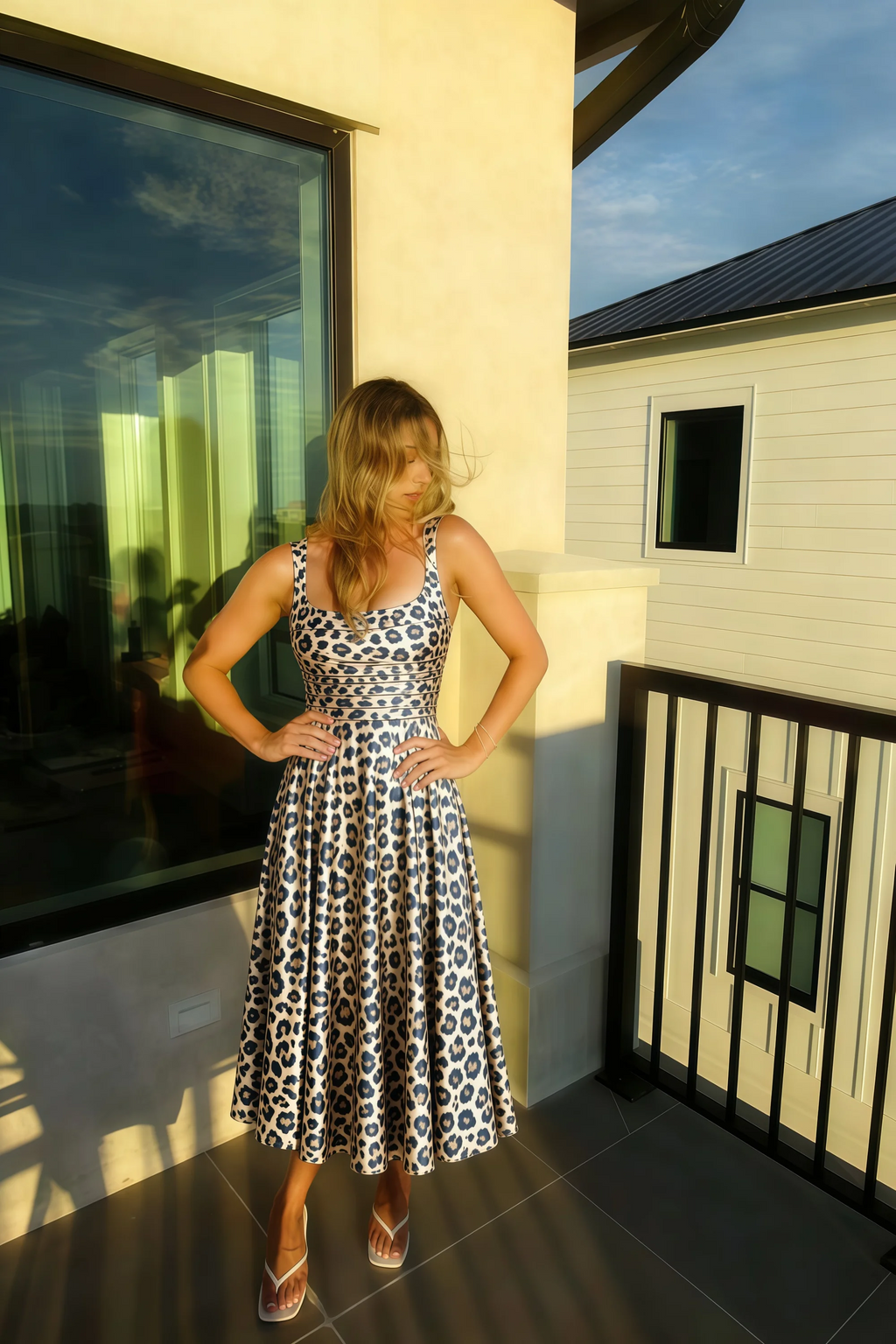 Abby Brown Leopard Print Square Neck Ruched Midi Dress