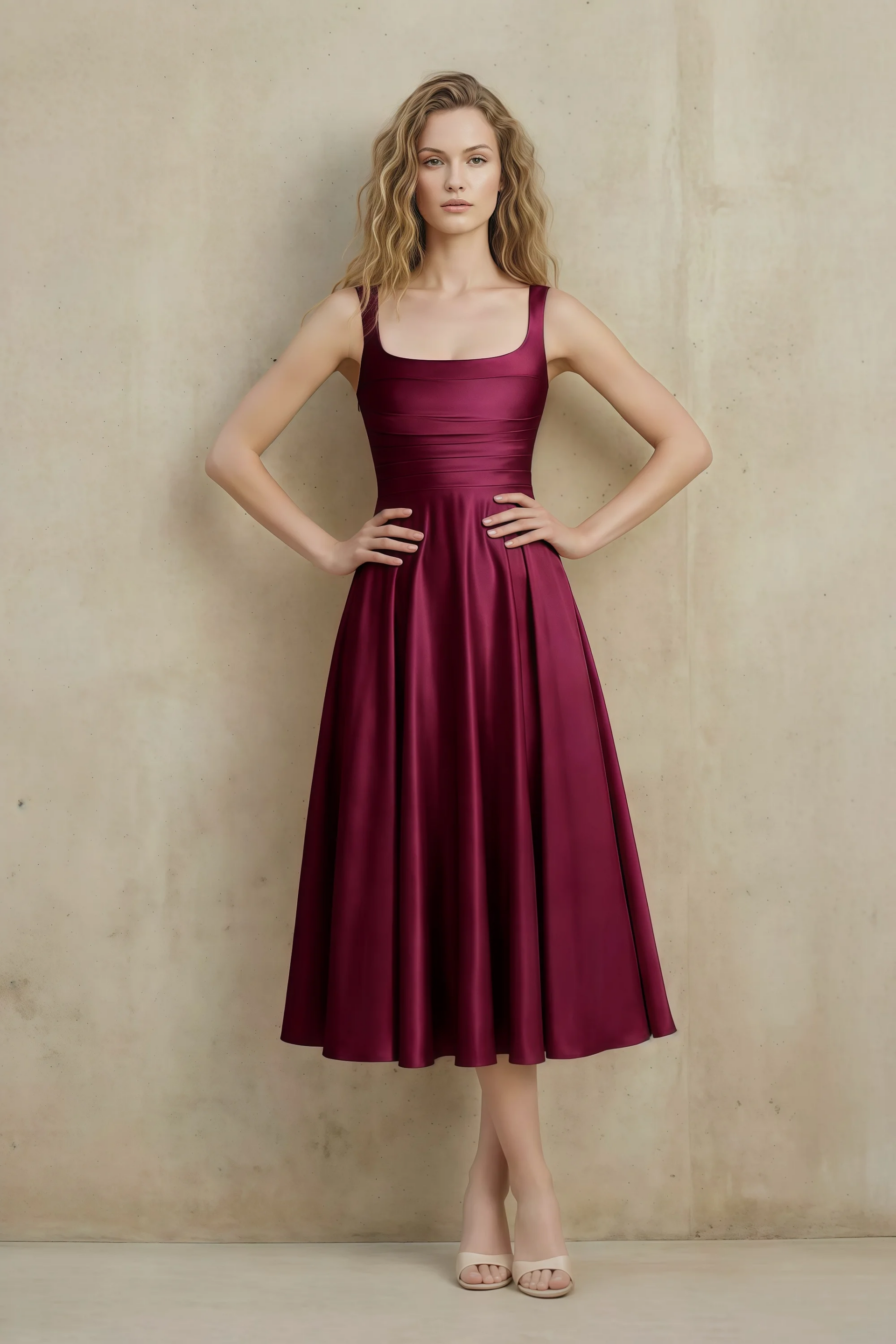 Abby Burgundy Satin Square Neck Ruched Midi Dress
