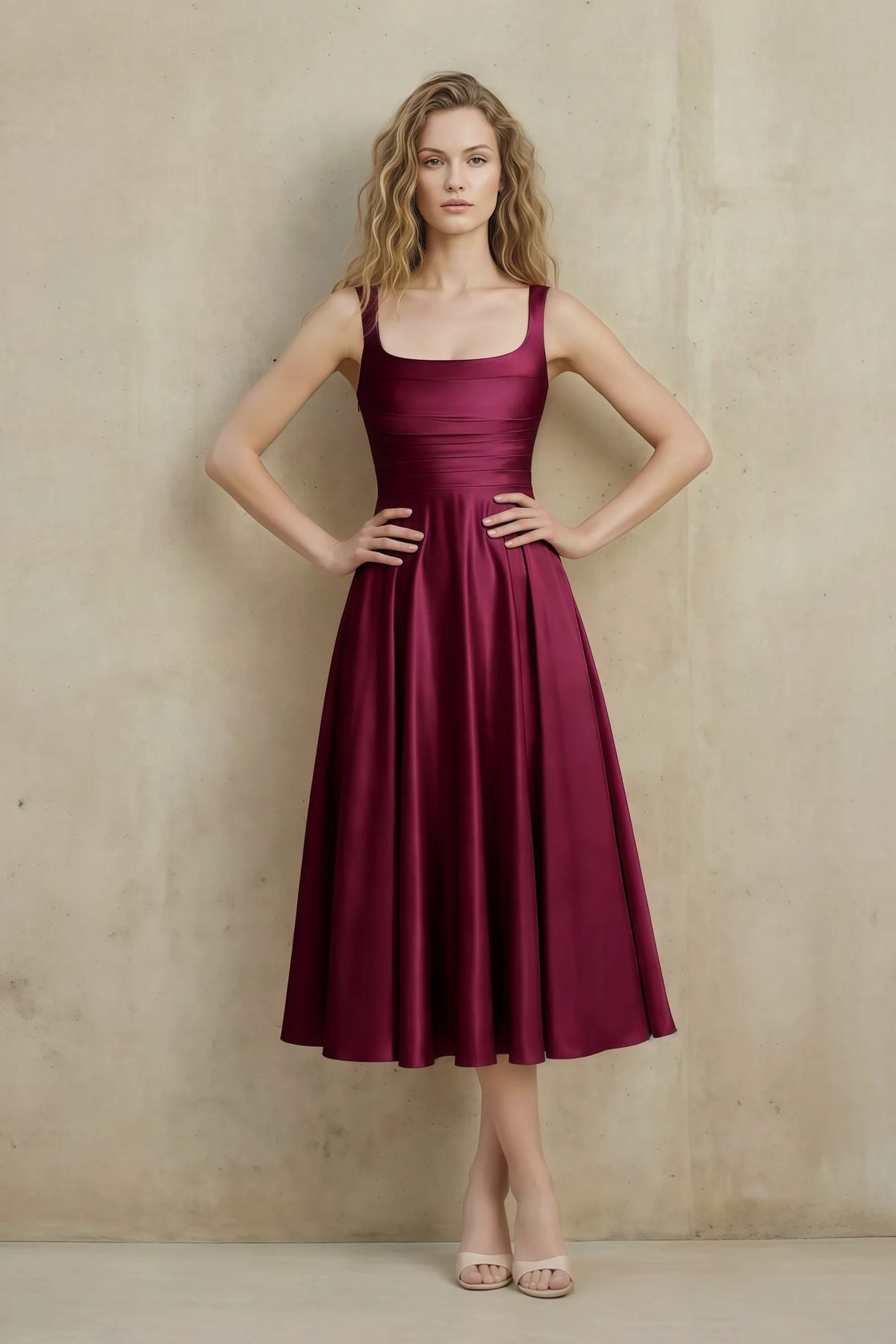 Abby Burgundy Satin Square Neck Ruched Midi Dress Main image
