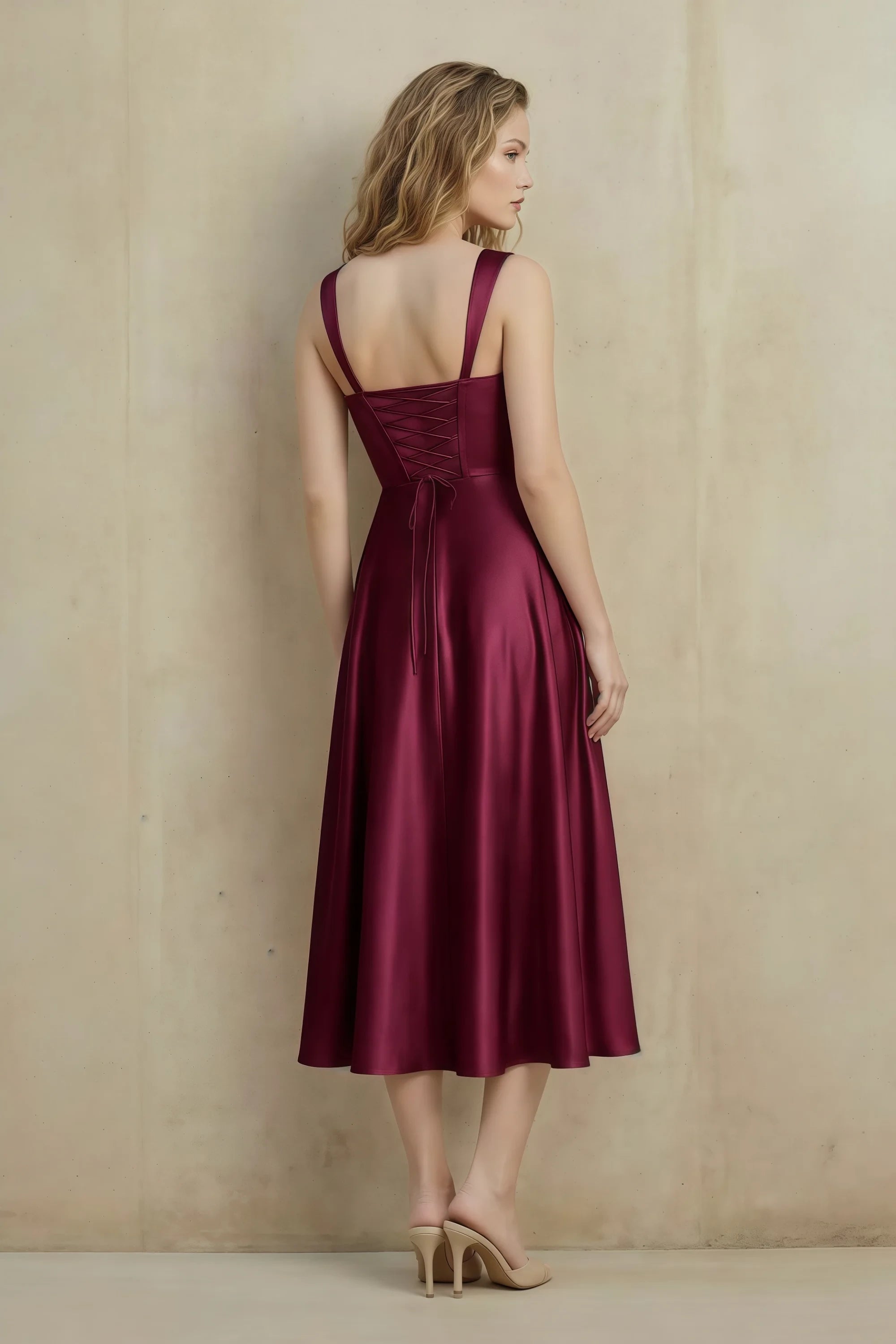 Abby Burgundy Satin Square Neck Ruched Midi Dress Secondary image