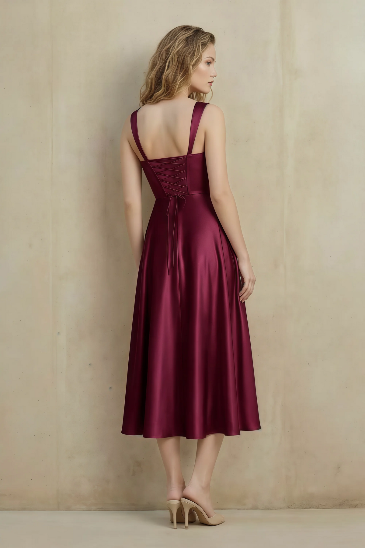 Abby Burgundy Satin Square Neck Ruched Midi Dress