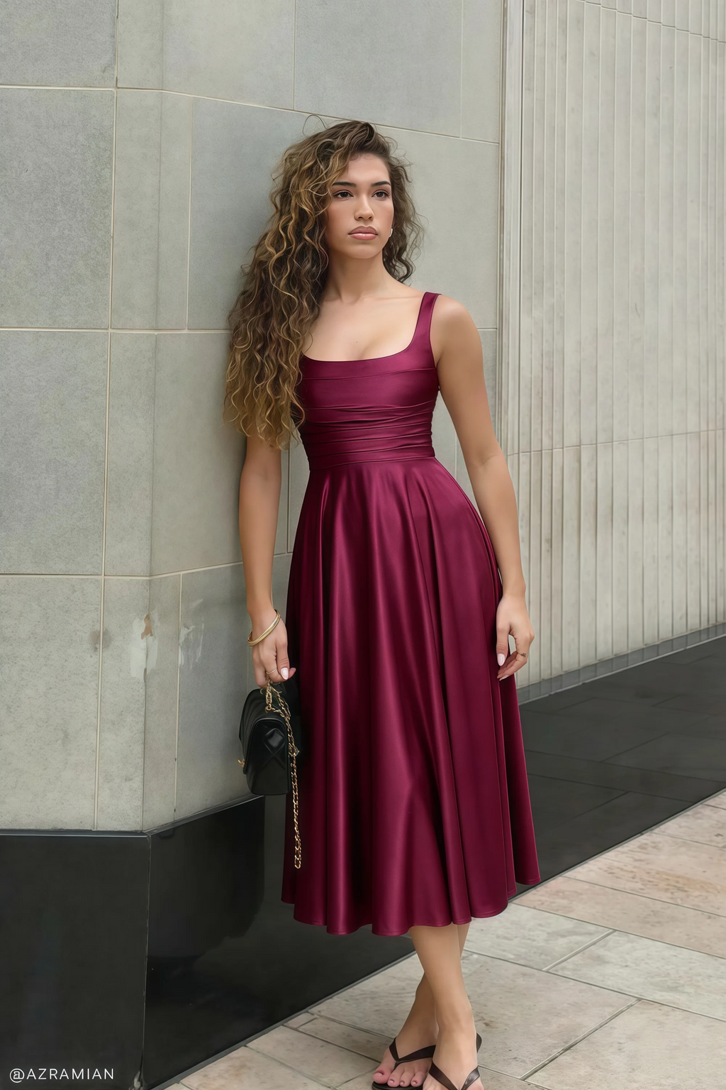 Abby Burgundy Satin Square Neck Ruched Midi Dress