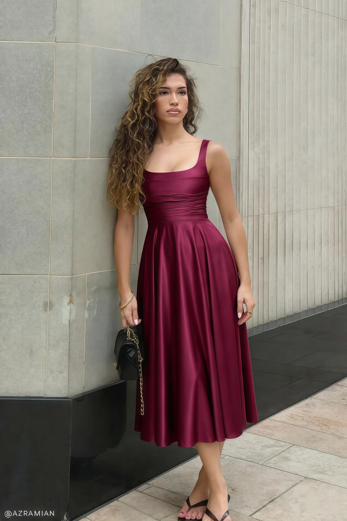 Abby Burgundy Satin Square Neck Ruched Midi Dress