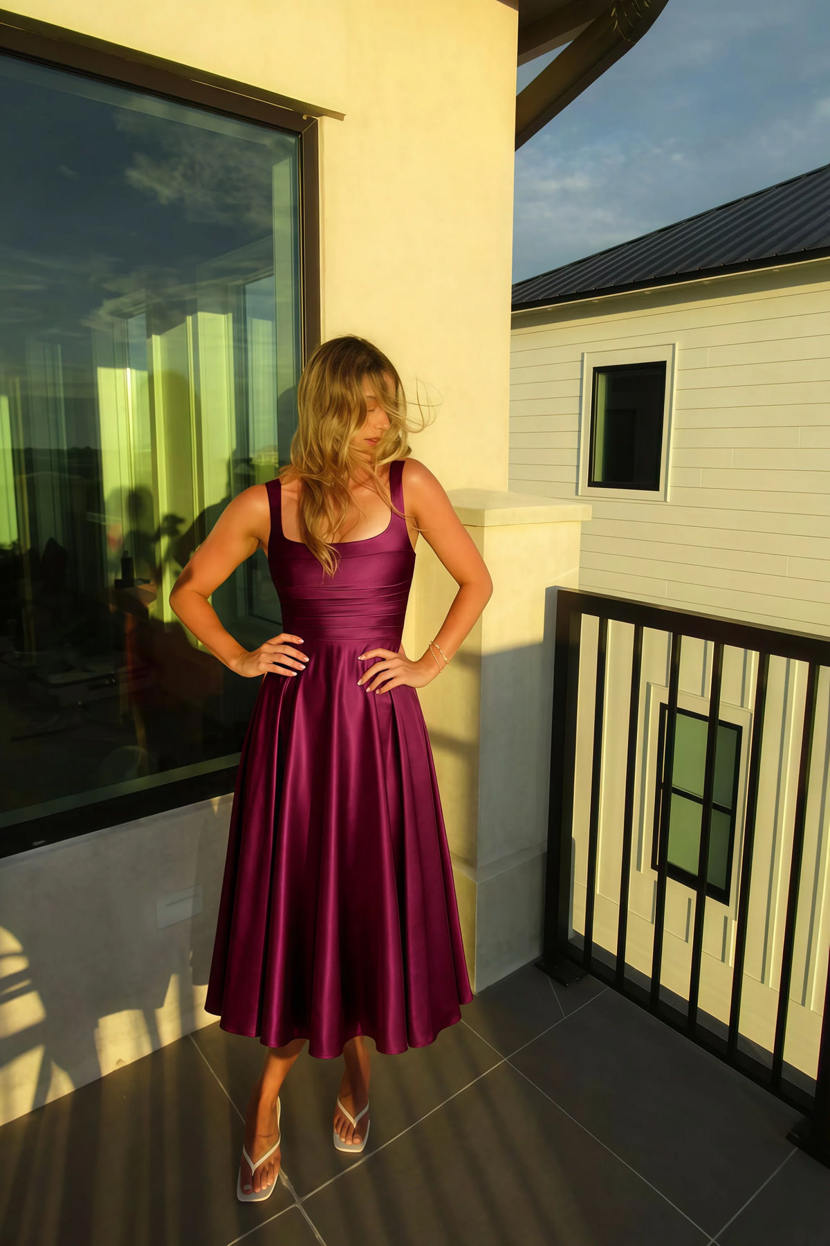 Abby Burgundy Satin Square Neck Ruched Midi Dress