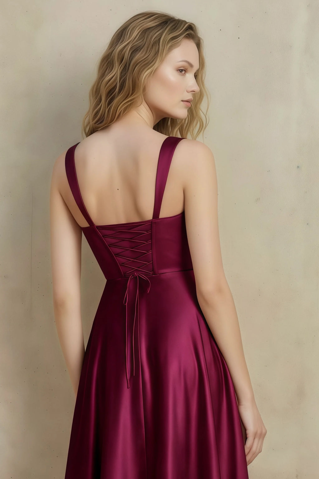 Abby Burgundy Satin Square Neck Ruched Midi Dress
