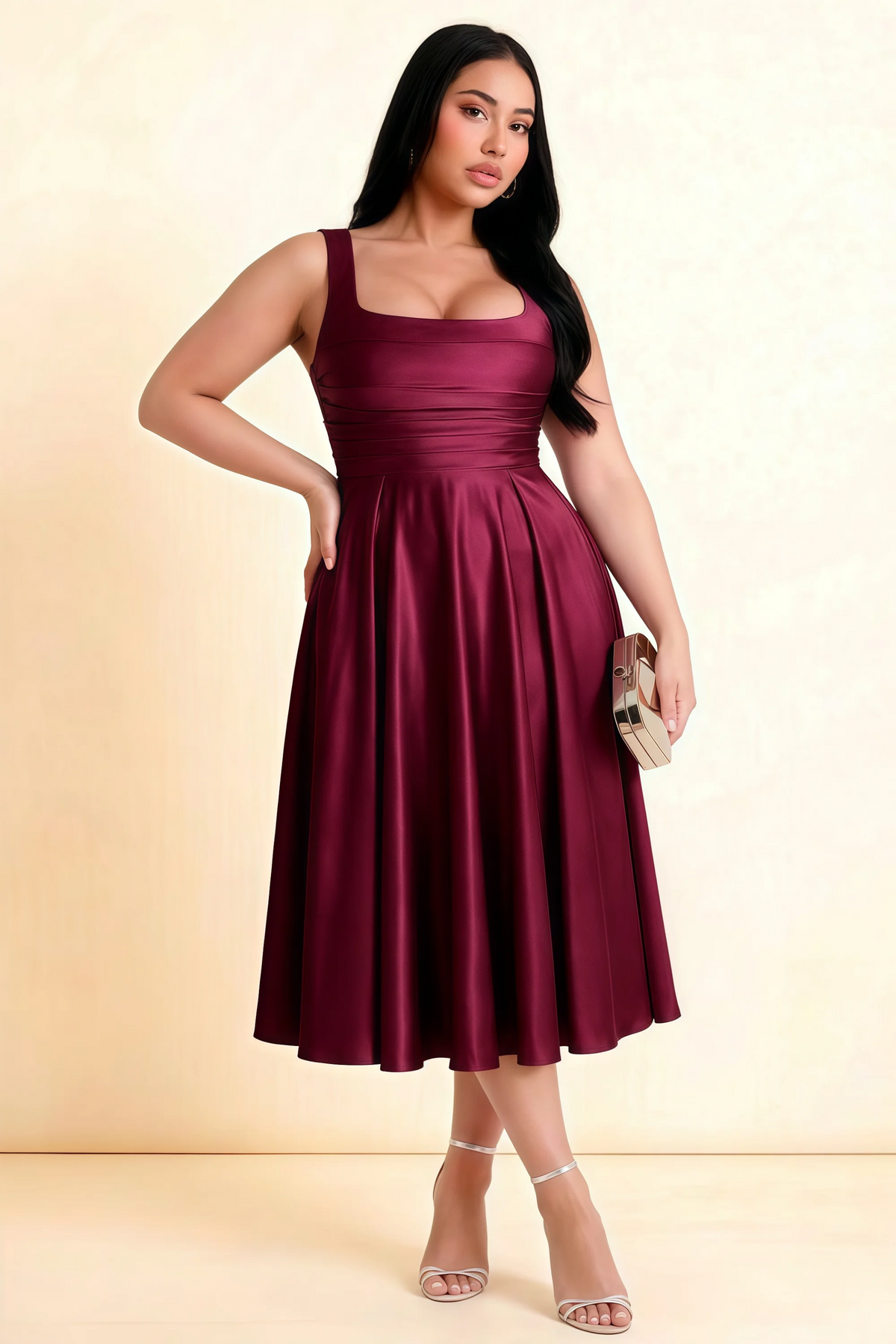 Abby Burgundy Satin Square Neck Ruched Midi Dress