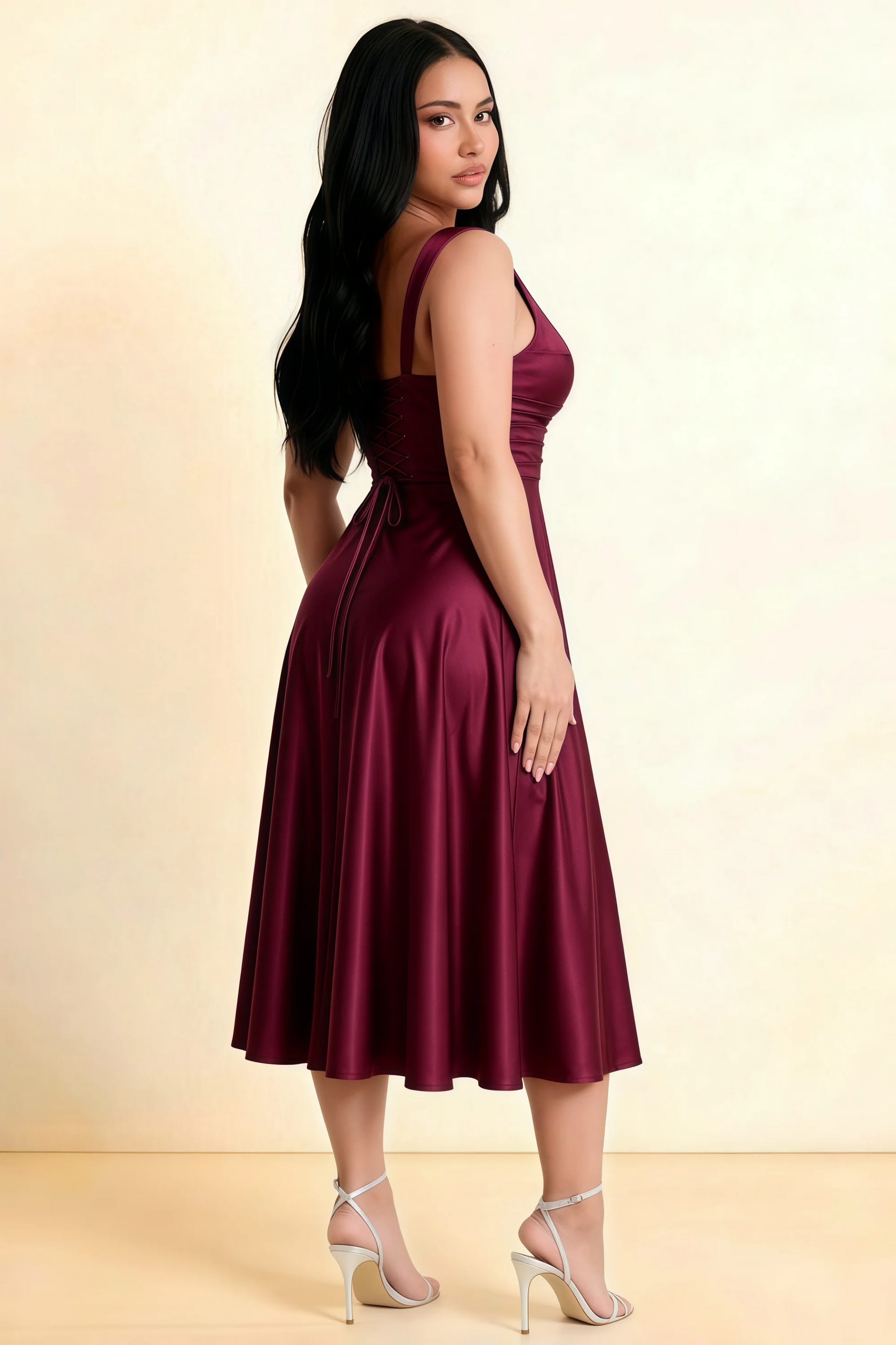 Abby Burgundy Satin Square Neck Ruched Midi Dress