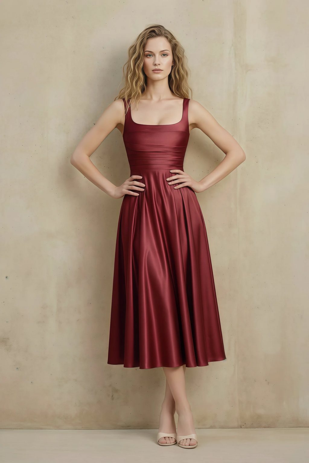 Abby Burnt Umber Satin Square Neck Ruched Midi Dress