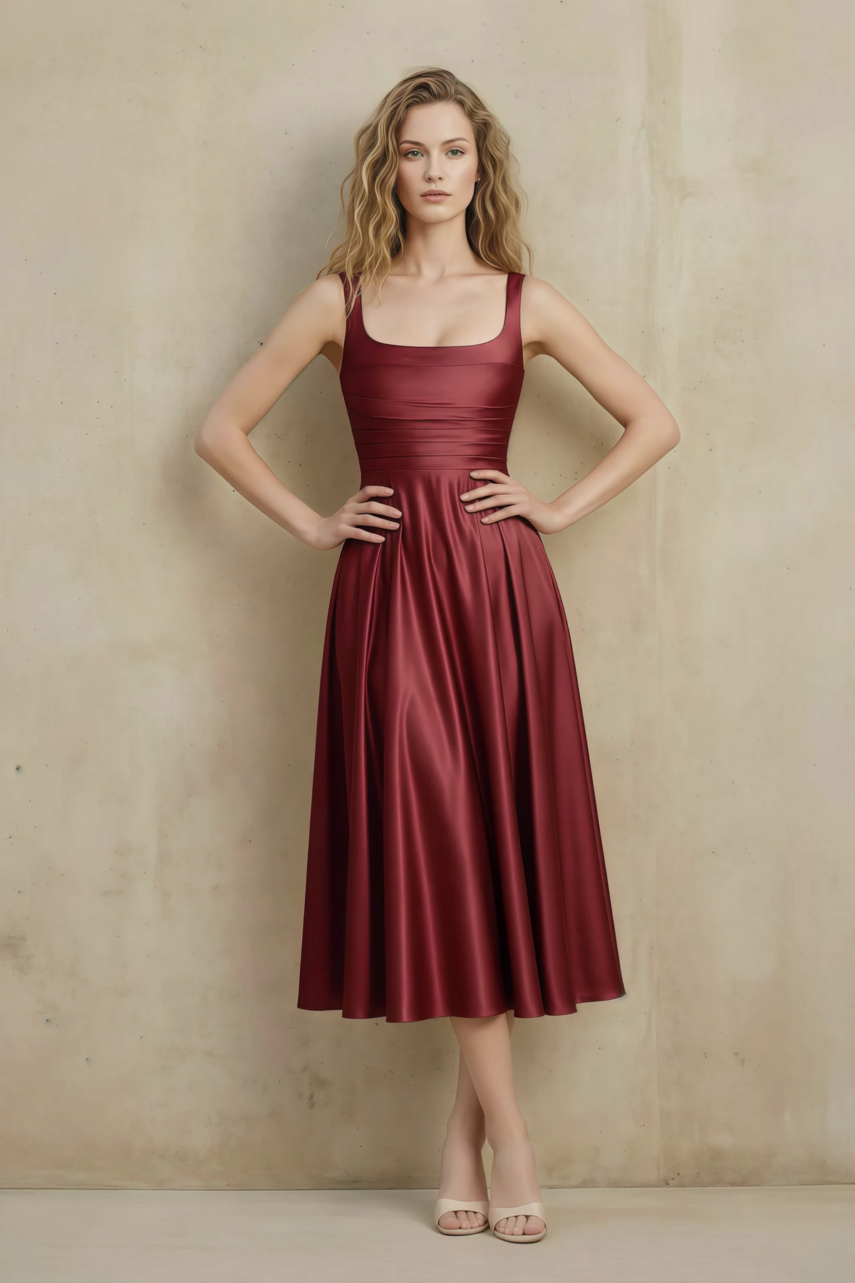 Abby Burnt Umber Satin Square Neck Ruched Midi Dress Imagen principal del producto