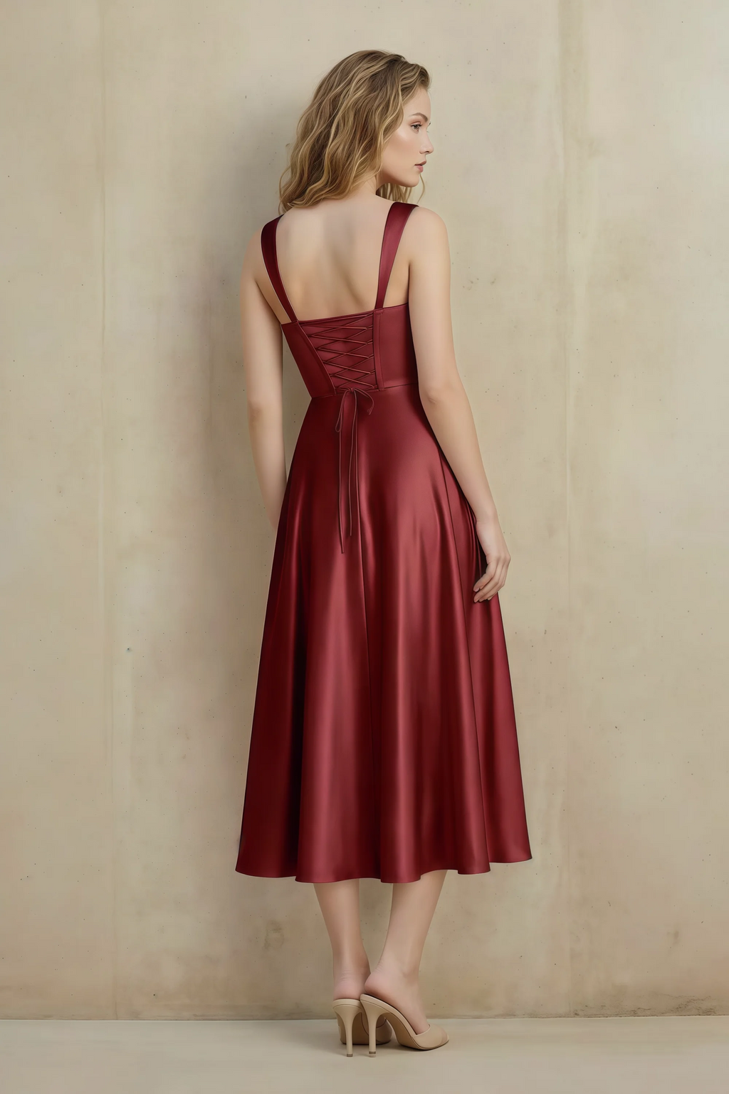 Abby Burnt Umber Satin Square Neck Ruched Midi Dress
