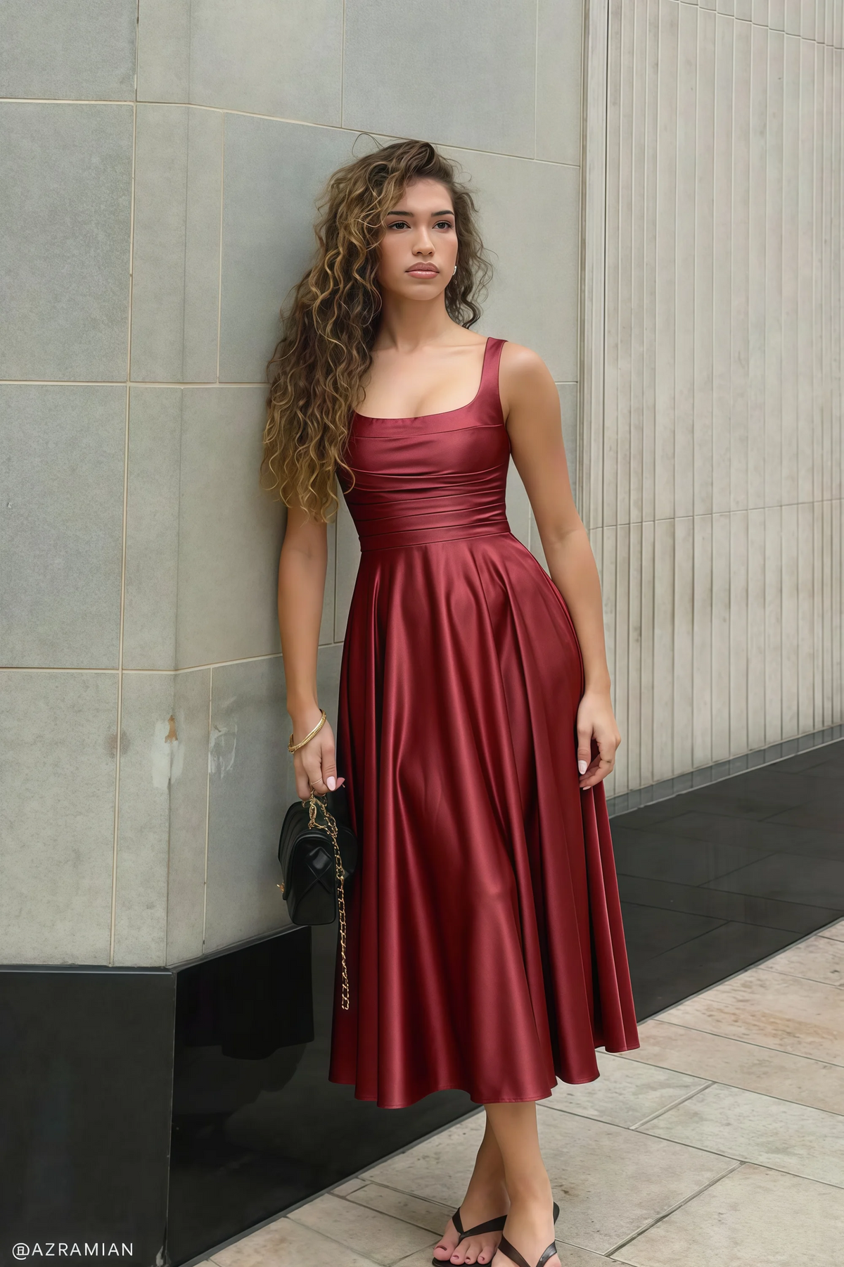 Abby Burnt Umber Satin Square Neck Ruched Midi Dress