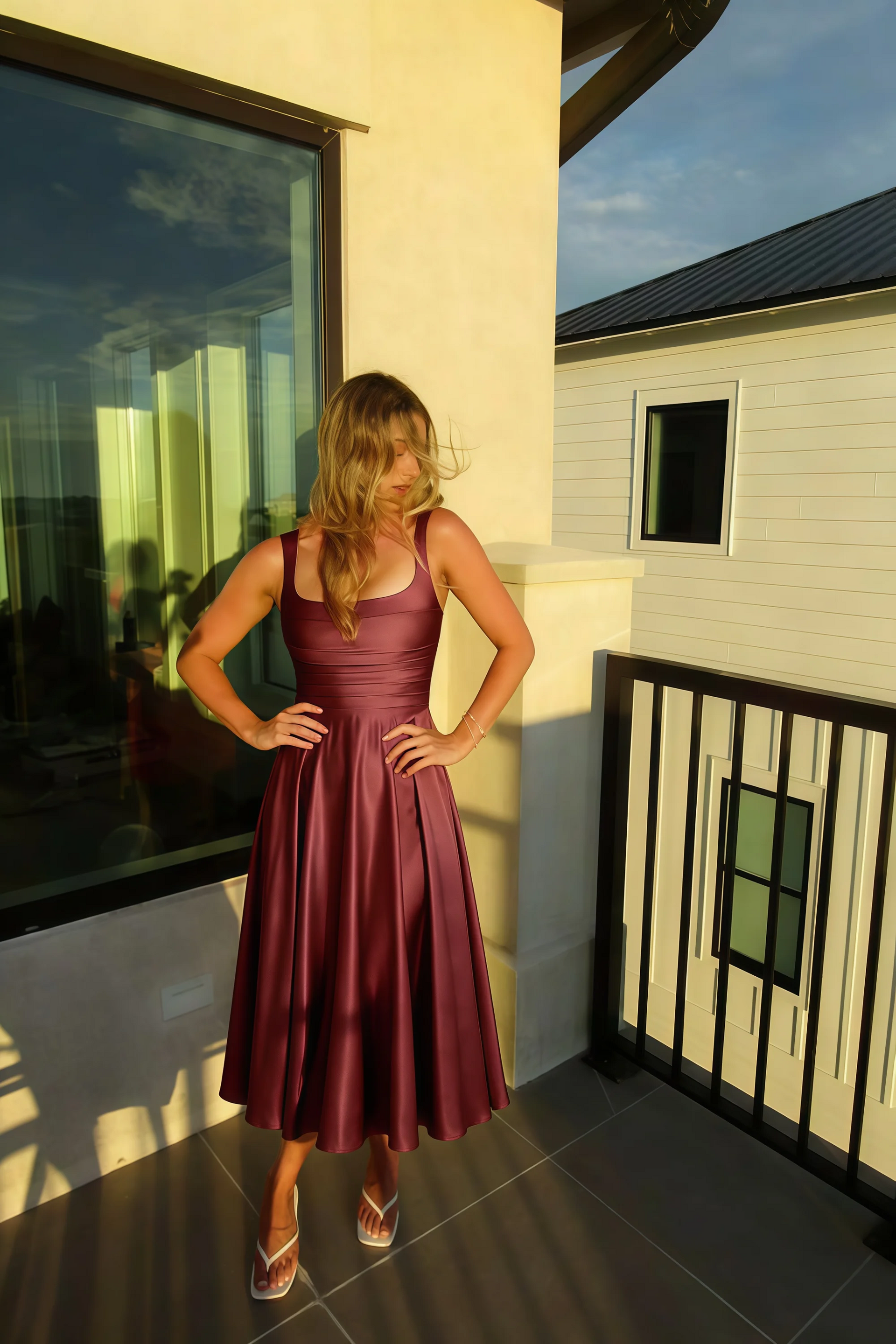 Abby Burnt Umber Satin Square Neck Ruched Midi Dress