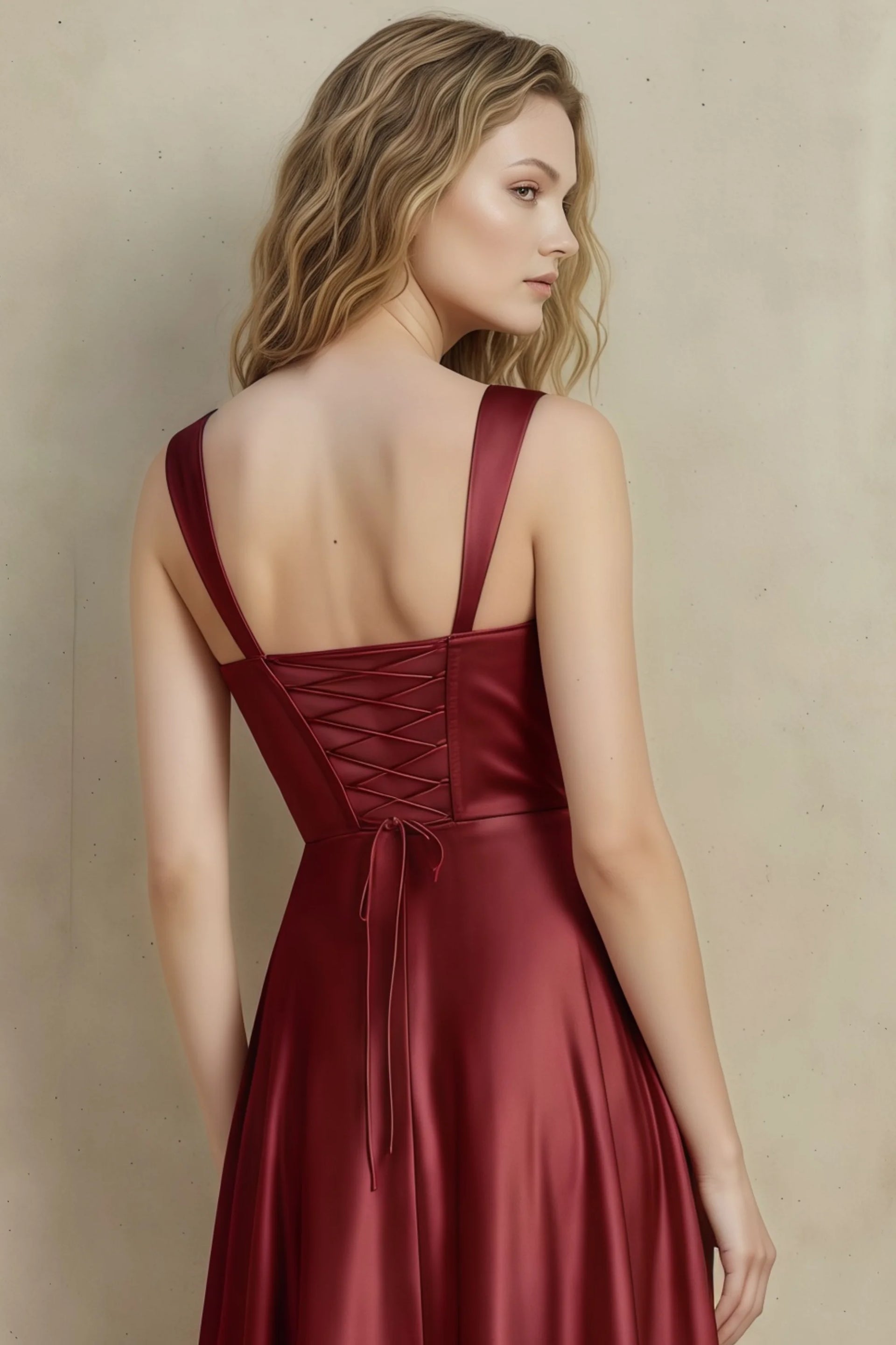 Abby Burnt Umber Satin Square Neck Ruched Midi Dress
