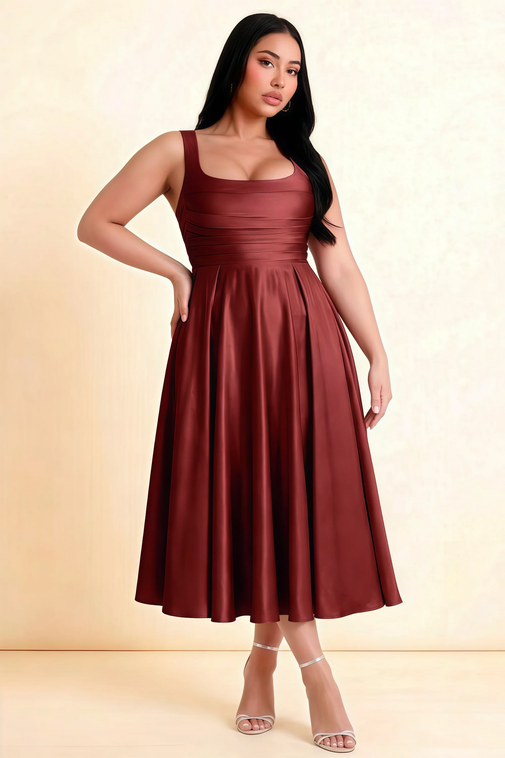 Abby Burnt Umber Satin Square Neck Ruched Midi Dress