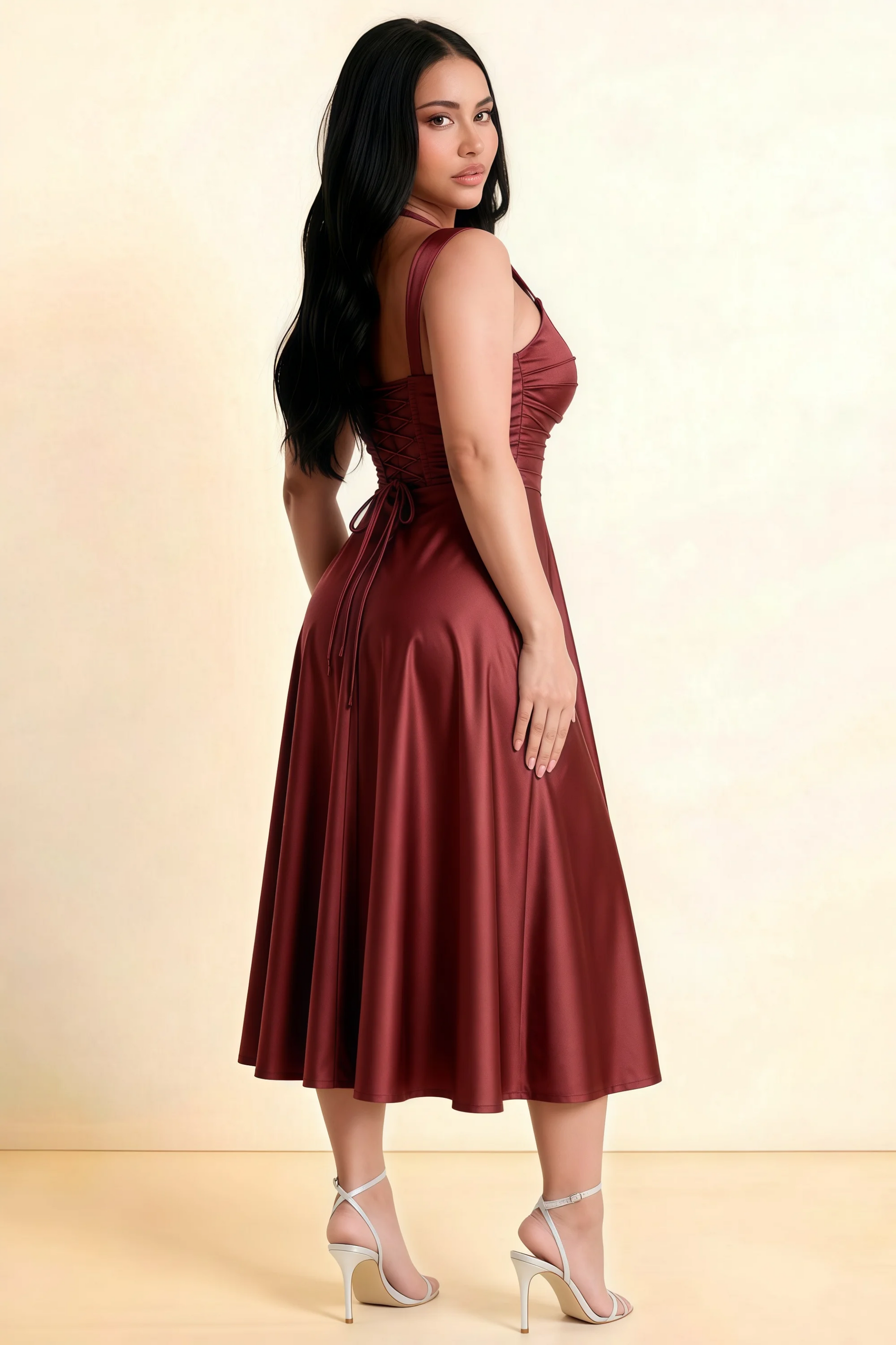 Abby Burnt Umber Satin Square Neck Ruched Midi Dress