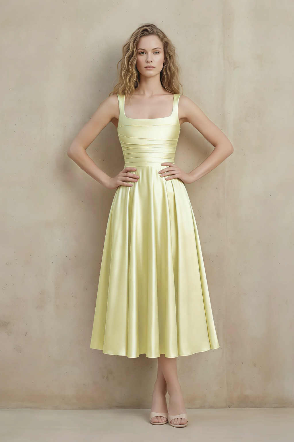 Abby Butter Yellow Satin Square Neck Ruched Midi Dress