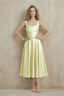 Abby Butter Yellow Satin Square Neck Ruched Midi Dress