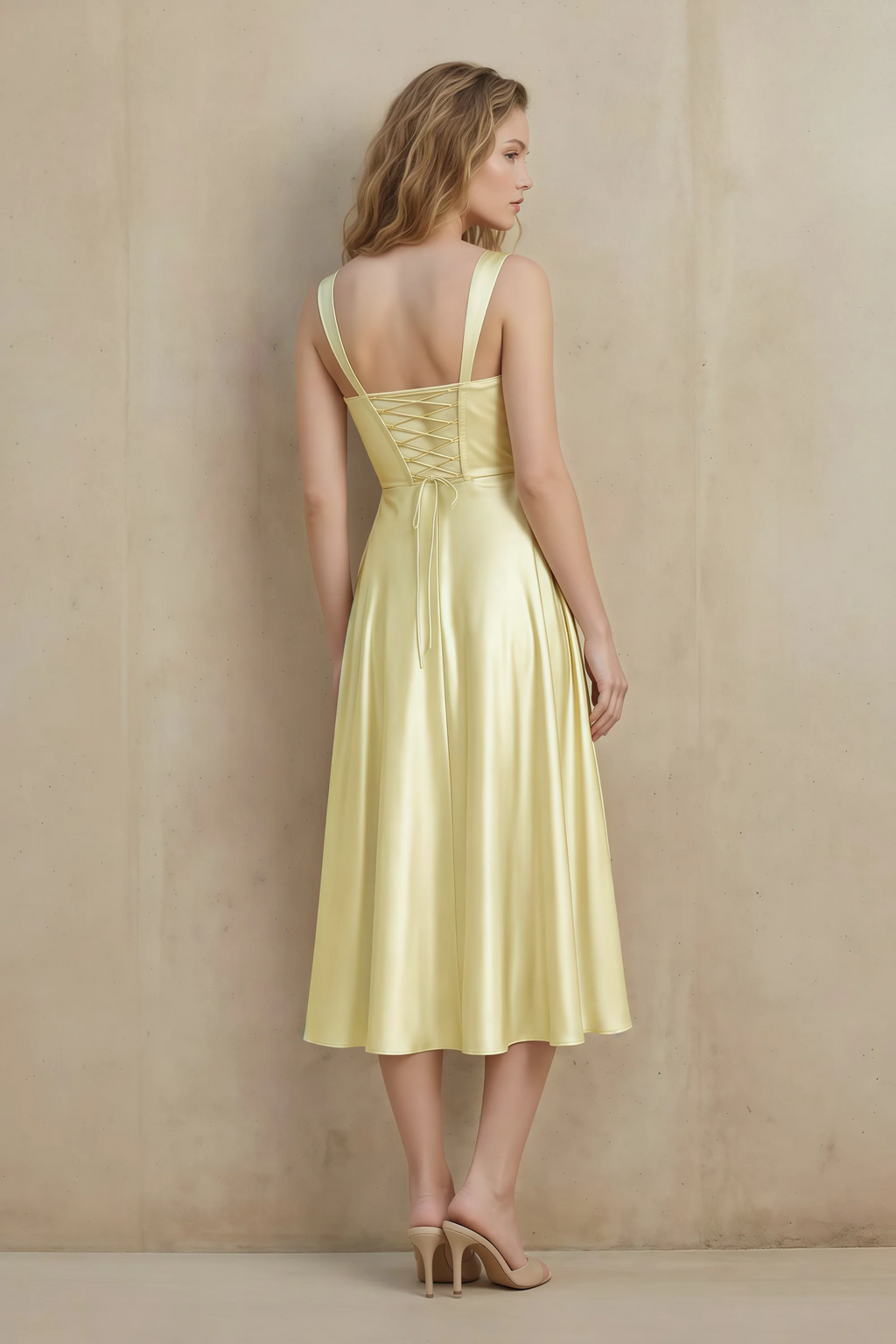 Abby Butter Yellow Satin Square Neck Ruched Midi Dress