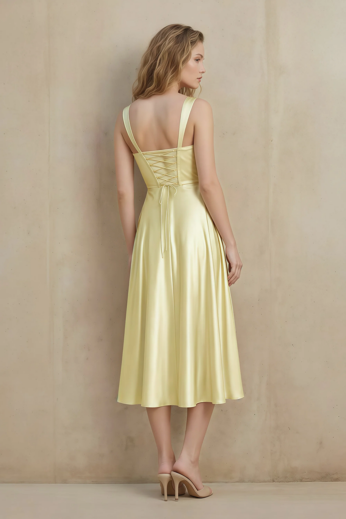 Abby Butter Yellow Satin Square Neck Ruched Midi Dress