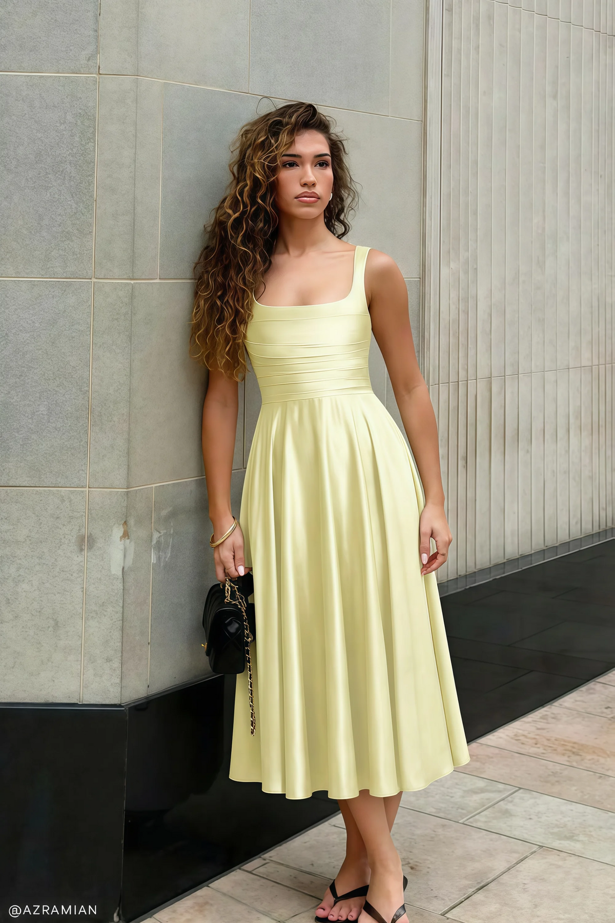 Abby Butter Yellow Satin Square Neck Ruched Midi Dress