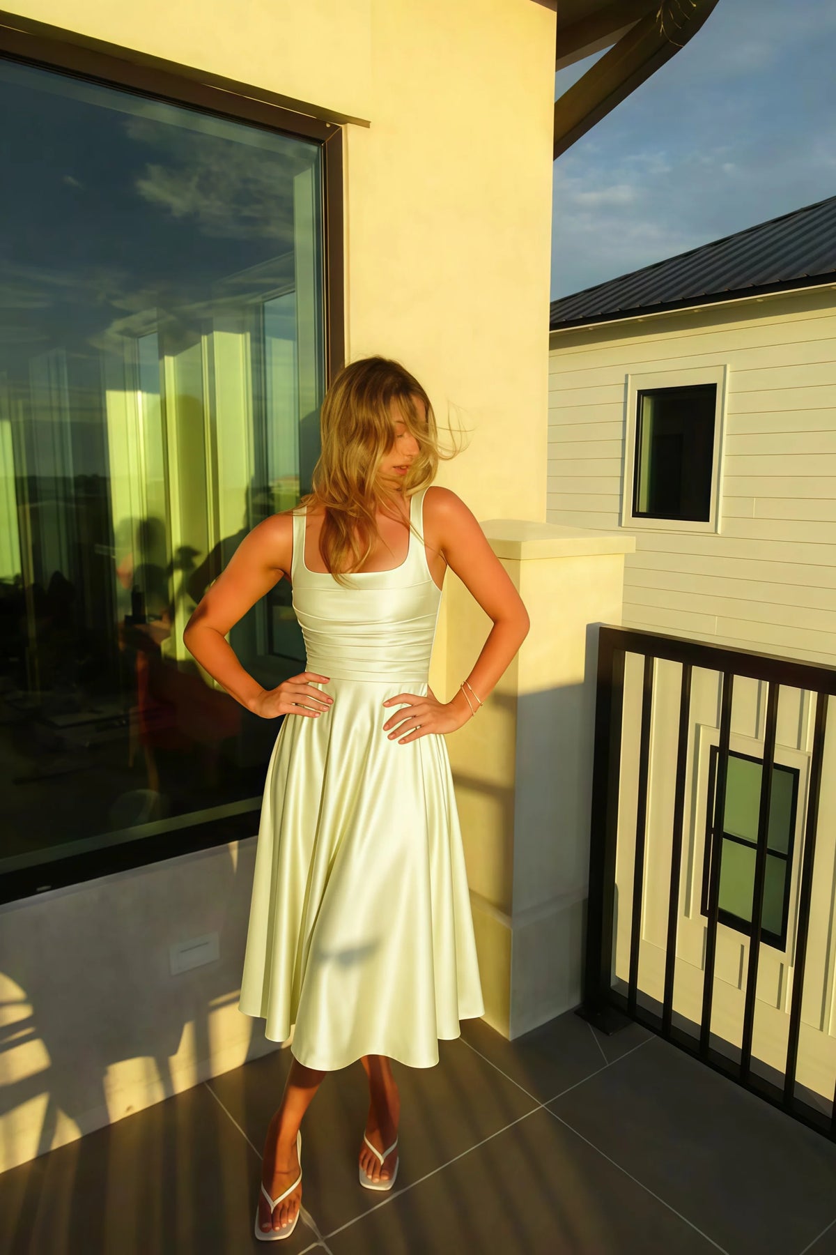 Abby Butter Yellow Satin Square Neck Ruched Midi Dress