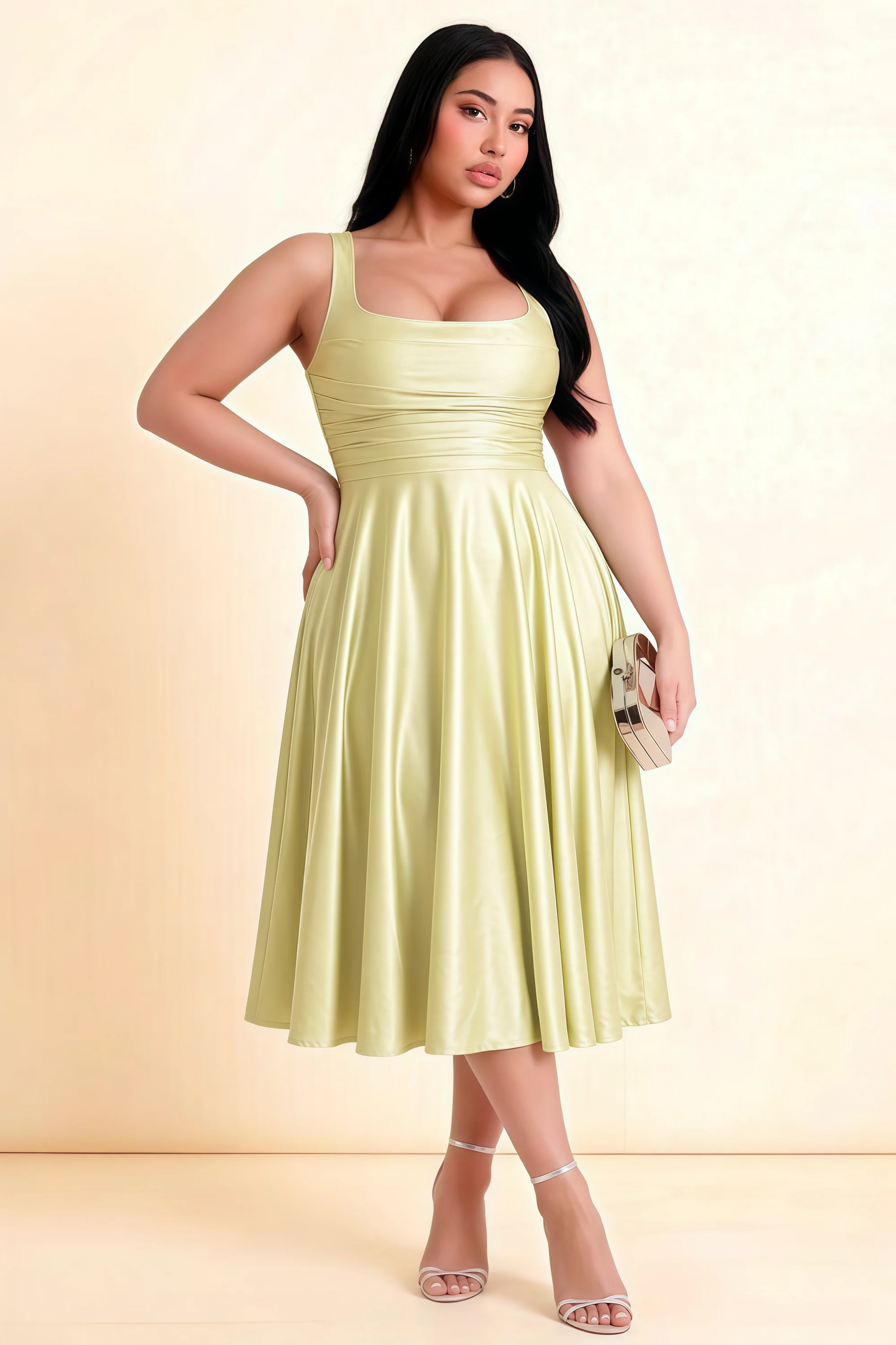 Abby Butter Yellow Satin Square Neck Ruched Midi Dress