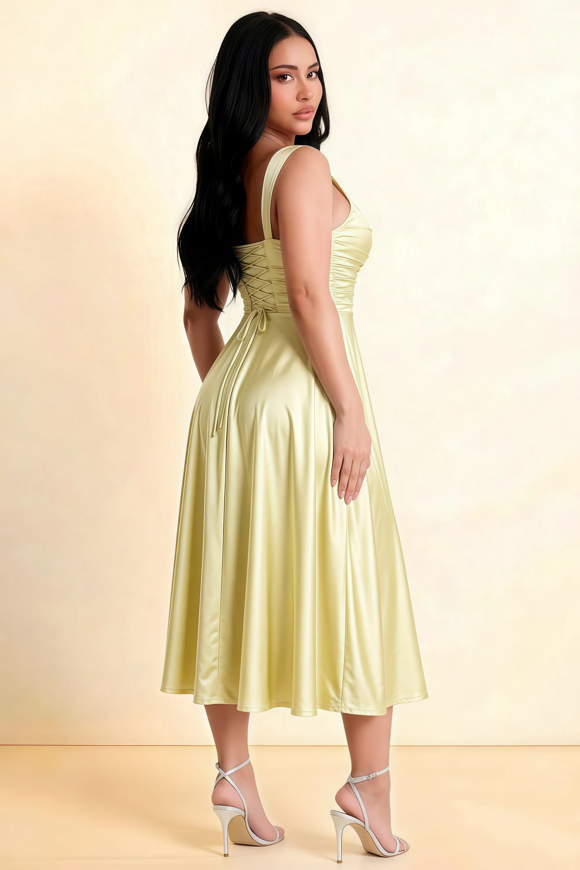 Abby Butter Yellow Satin Square Neck Ruched Midi Dress