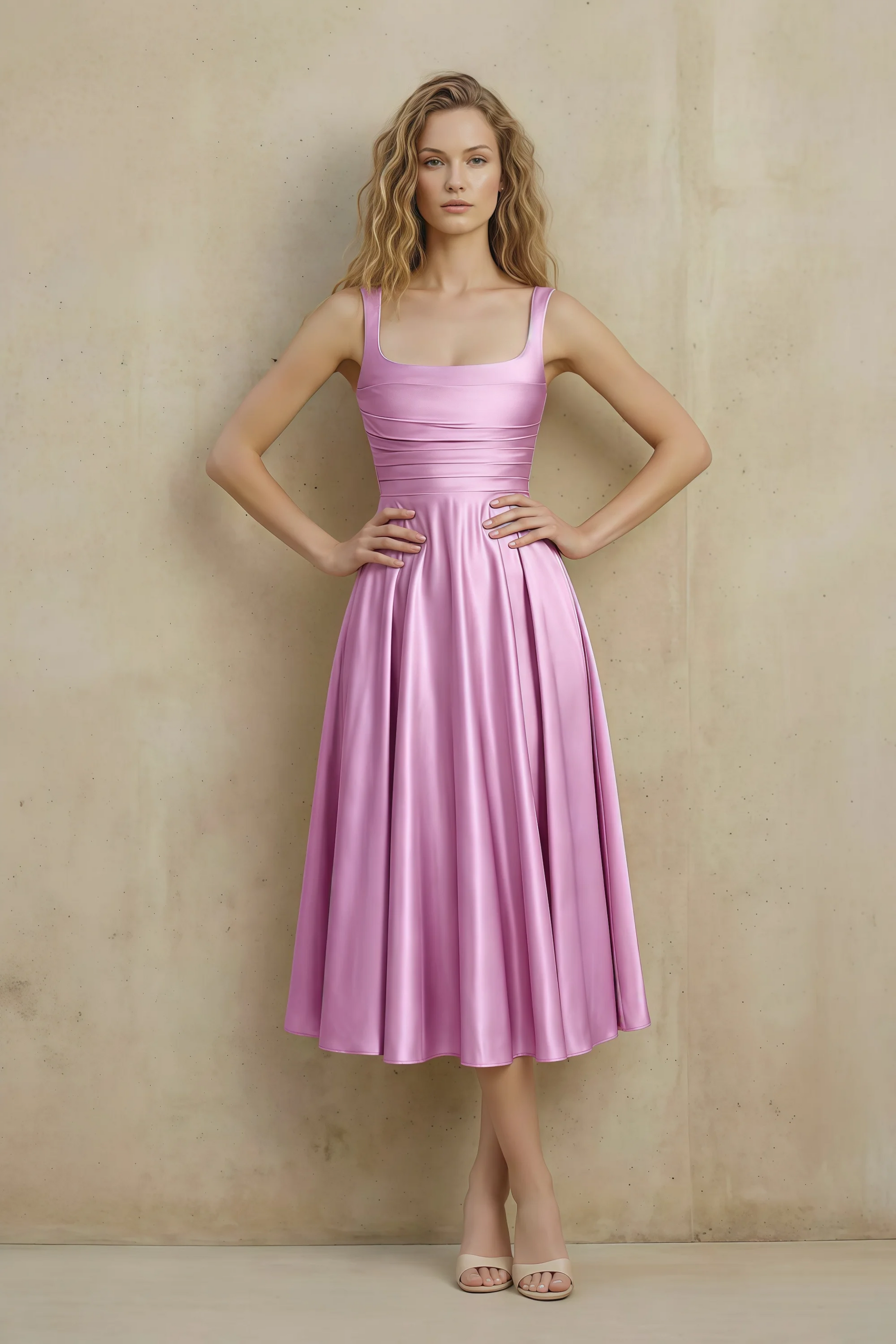 Abby Candy Satin Square Neck Ruched Midi Dress