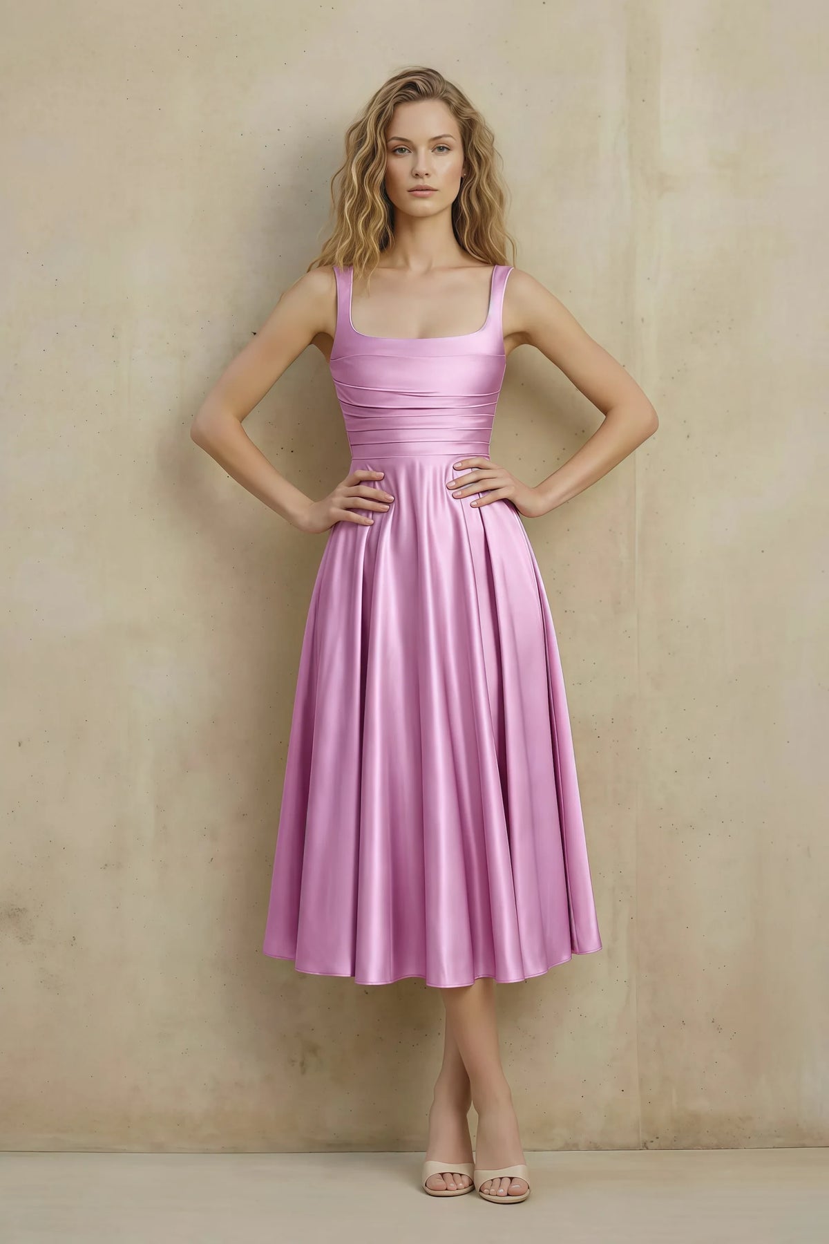 Front view of the LVLVS Abby candy midi dress, showing the square neckline, wide straps, ruched waist and flared skirt. Main image