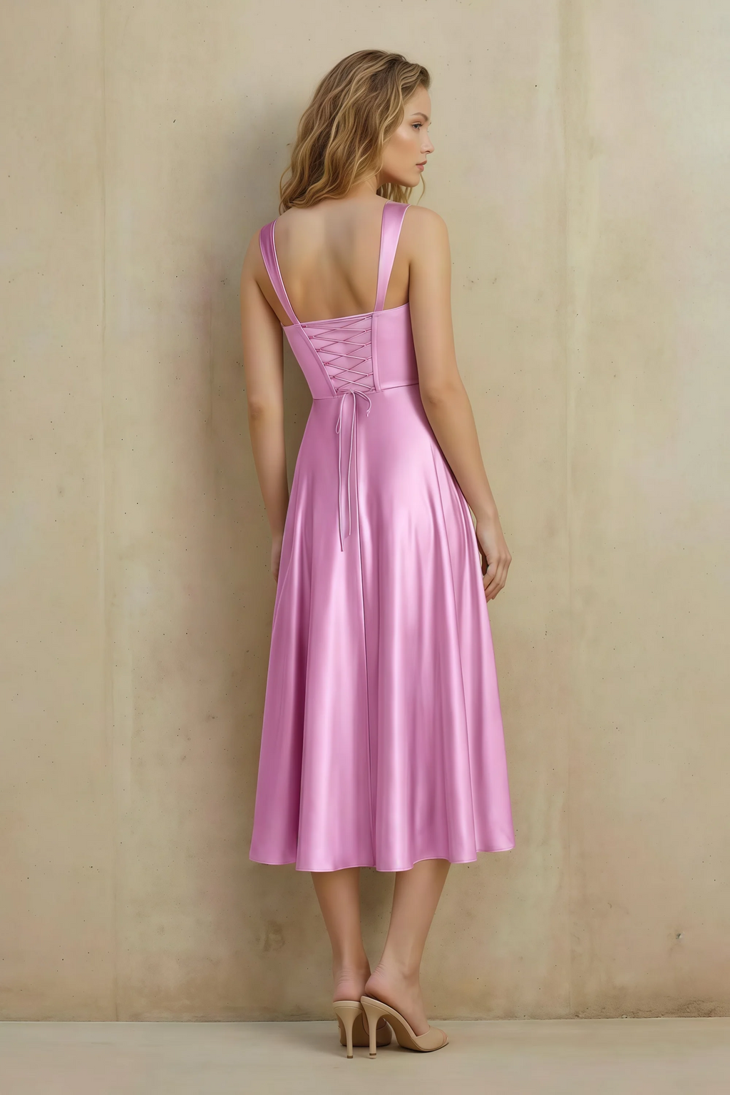 Abby Candy Satin Square Neck Ruched Midi Dress
