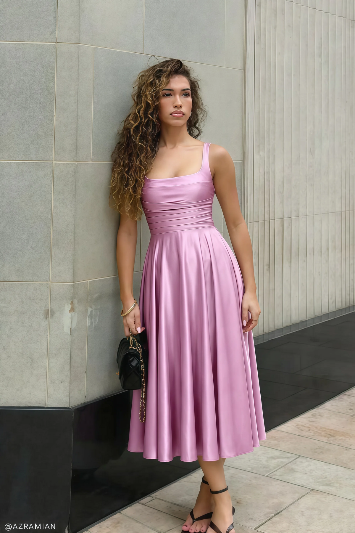 Abby Candy Satin Square Neck Ruched Midi Dress