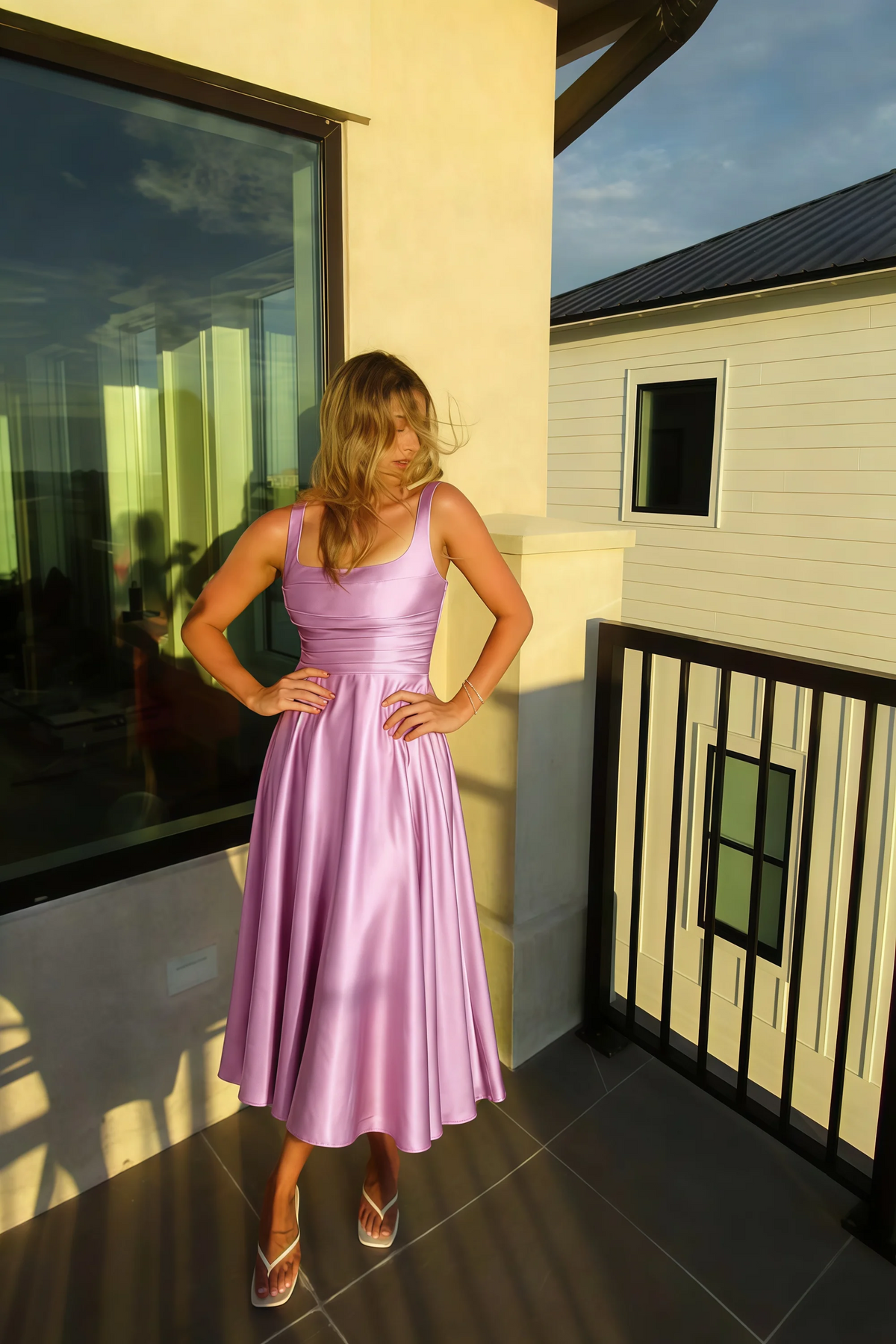 Abby Candy Satin Square Neck Ruched Midi Dress