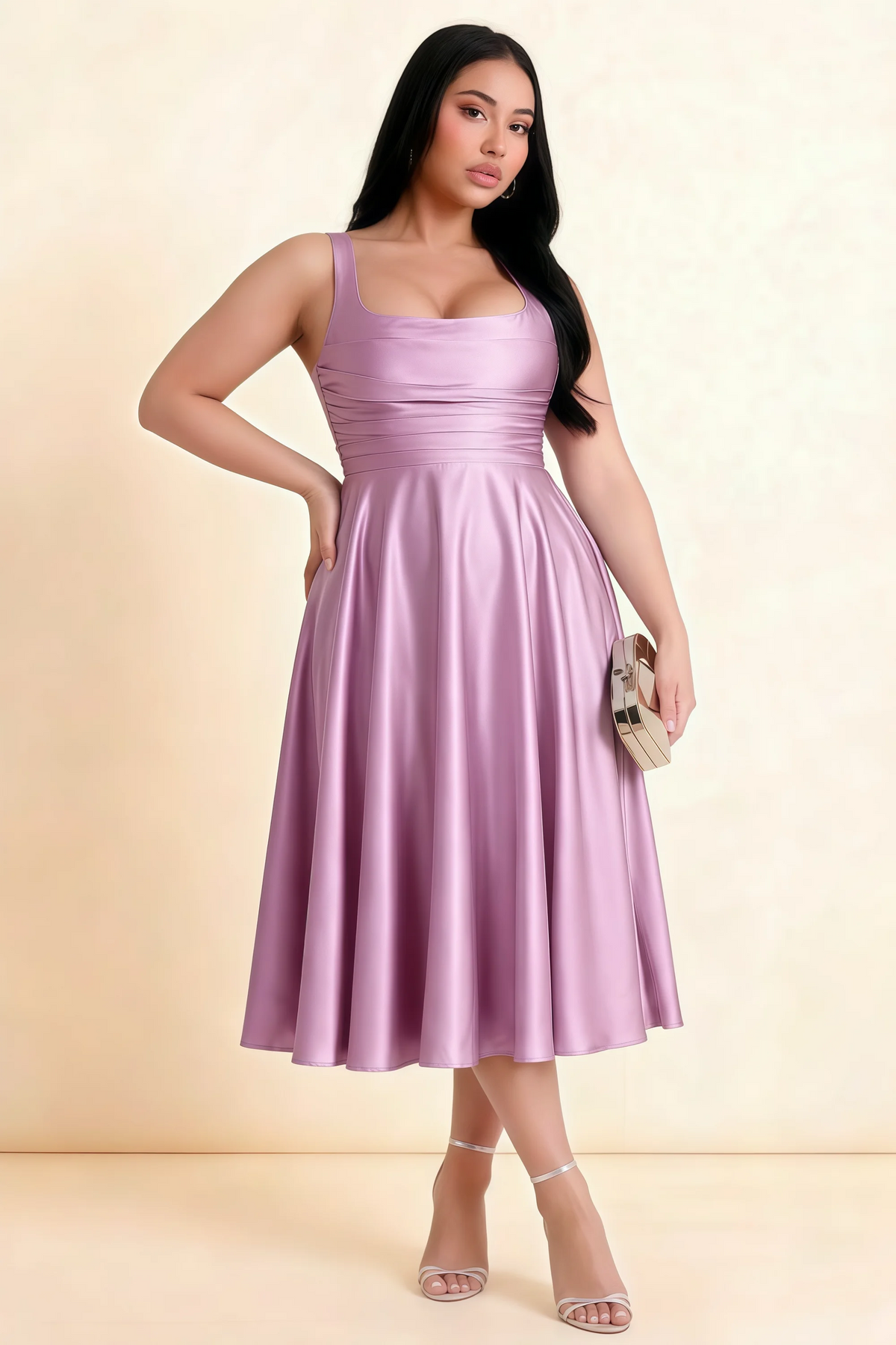 Abby Candy Satin Square Neck Ruched Midi Dress