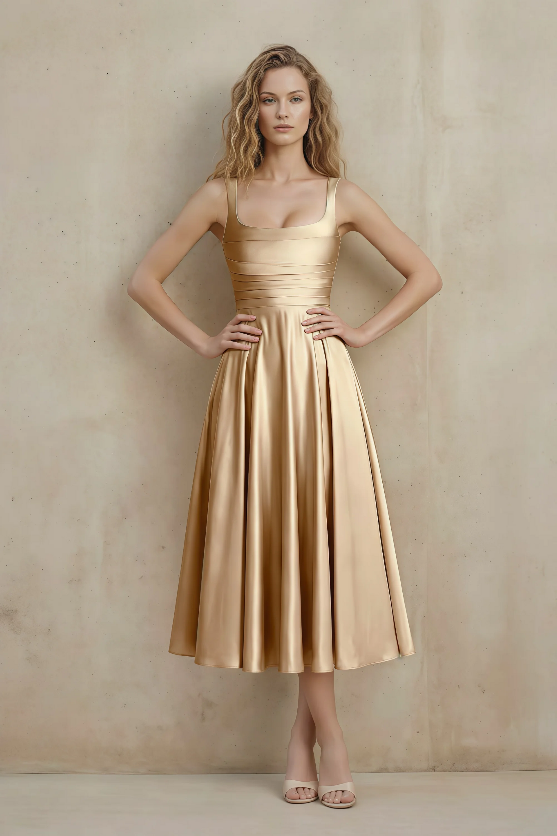 Abby Champagne Satin Square Neck Ruched Midi Dress