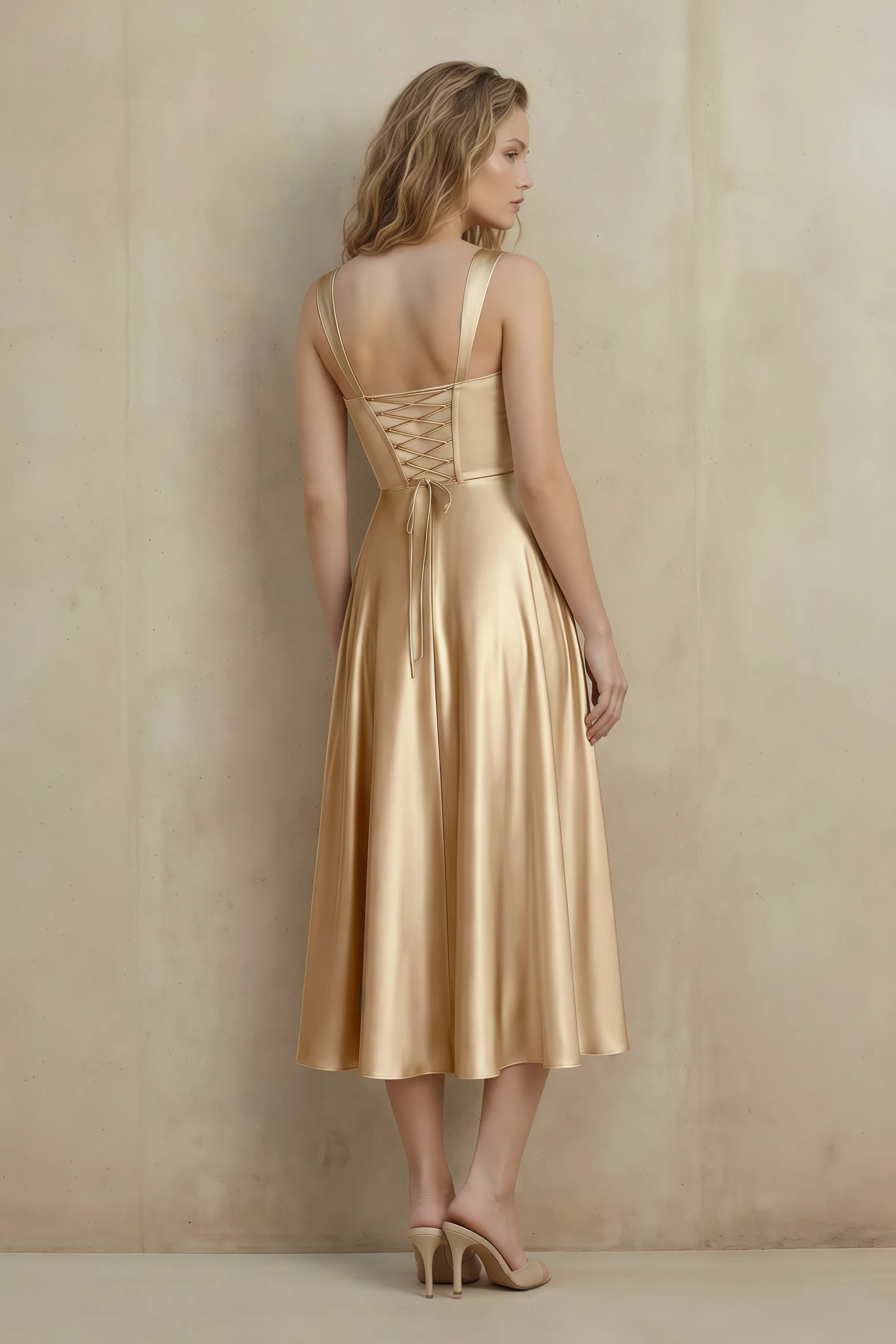 Abby Champagne Satin Square Neck Ruched Midi Dress Secondary image