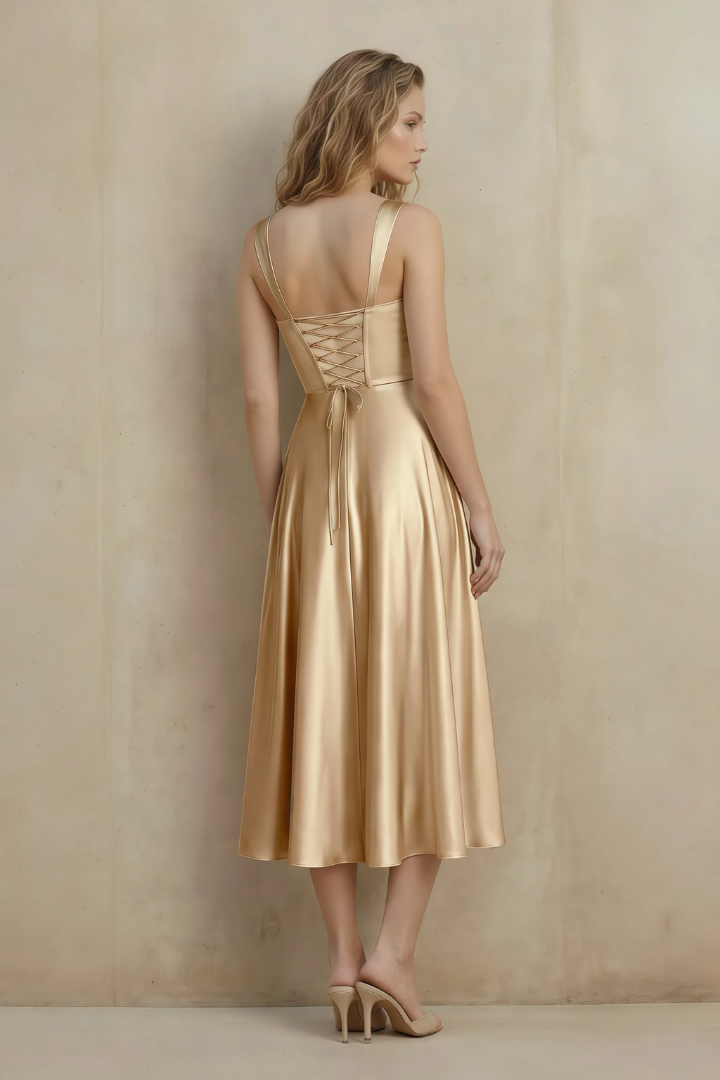 Abby Champagne Satin Square Neck Ruched Midi Dress