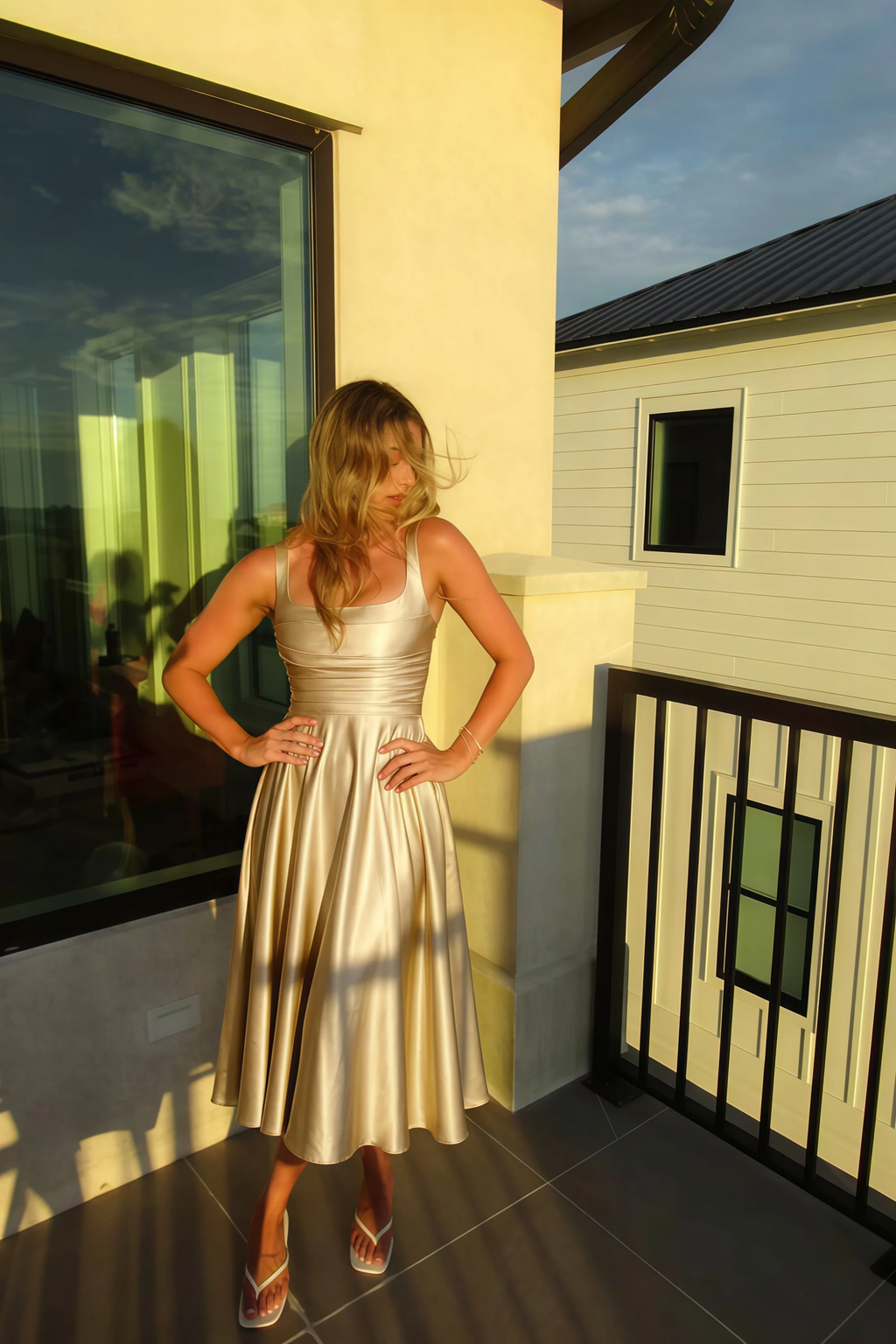 Abby Champagne Satin Square Neck Ruched Midi Dress