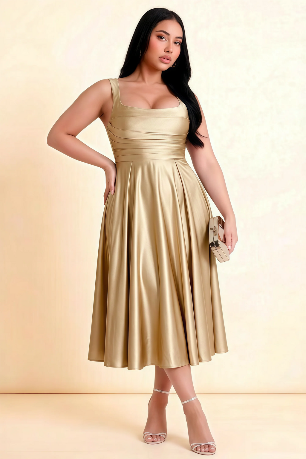 Abby Champagne Satin Square Neck Ruched Midi Dress