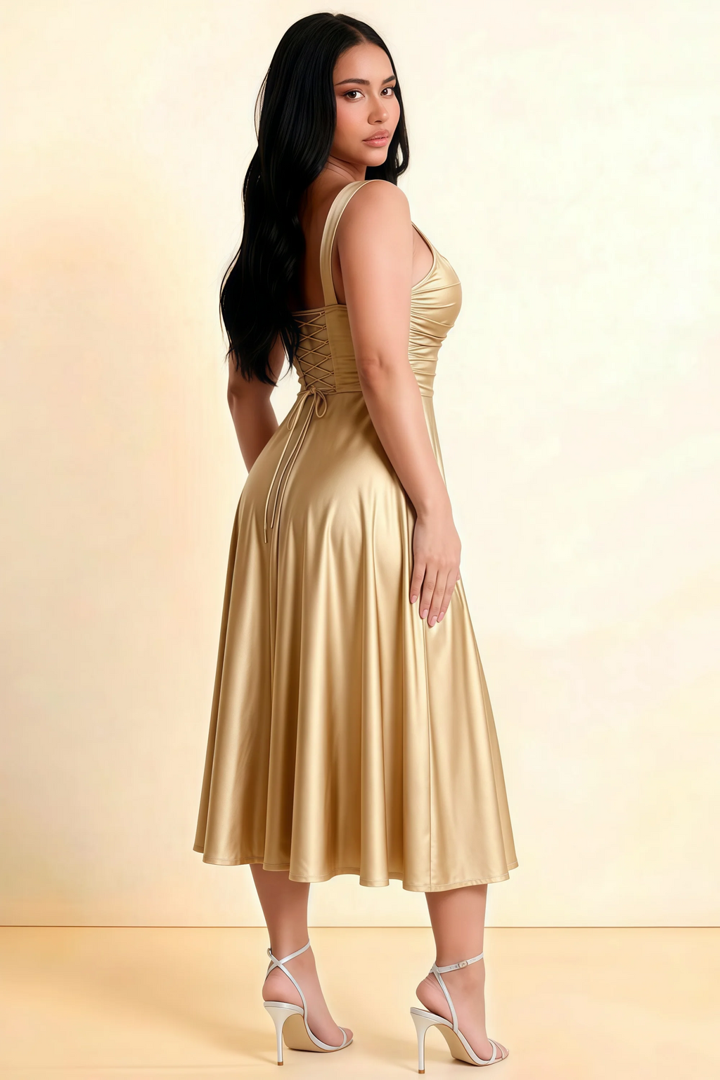 Abby Champagne Satin Square Neck Ruched Midi Dress