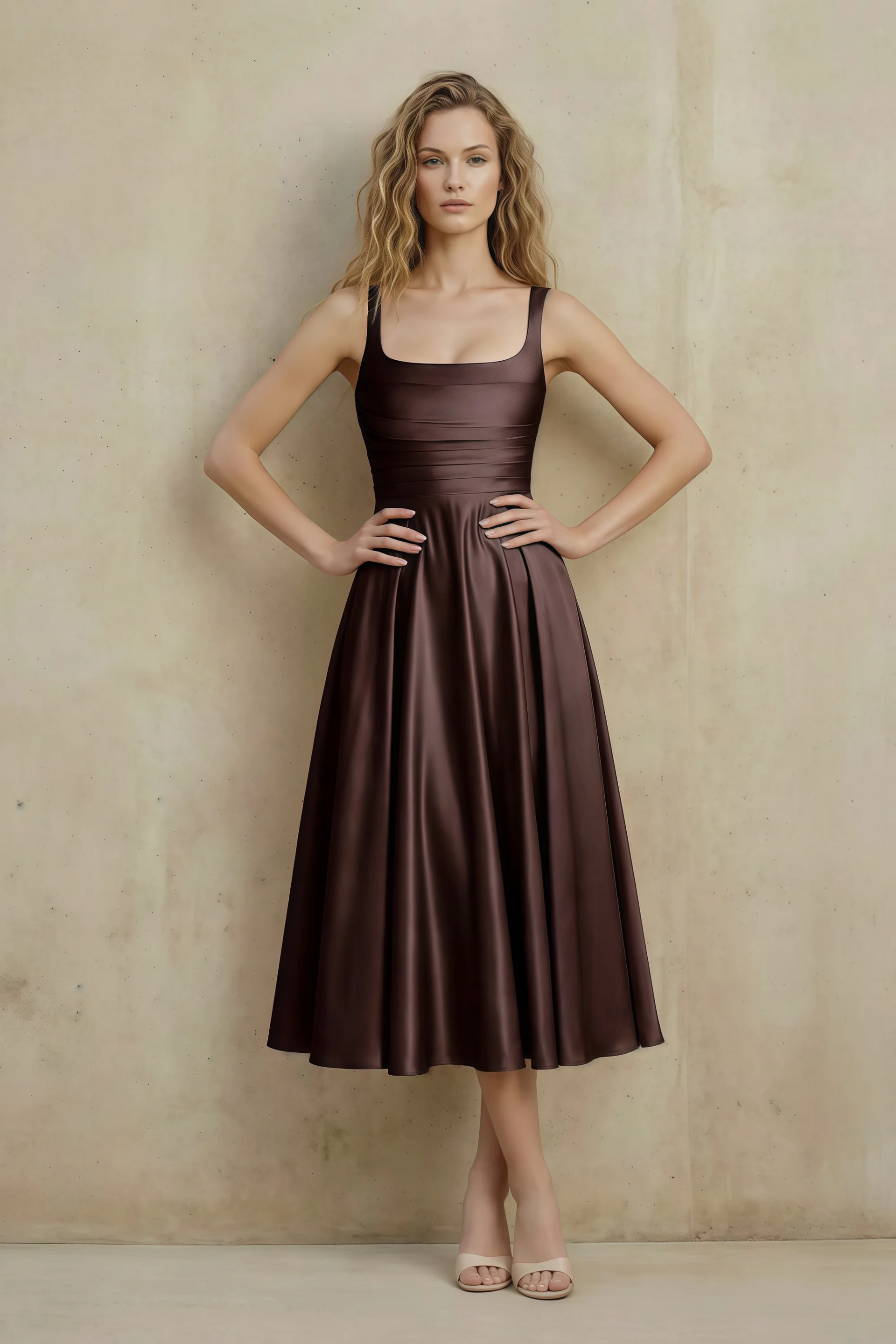Abby Chocolate Brown Satin Square Neck Ruched Midi Dress