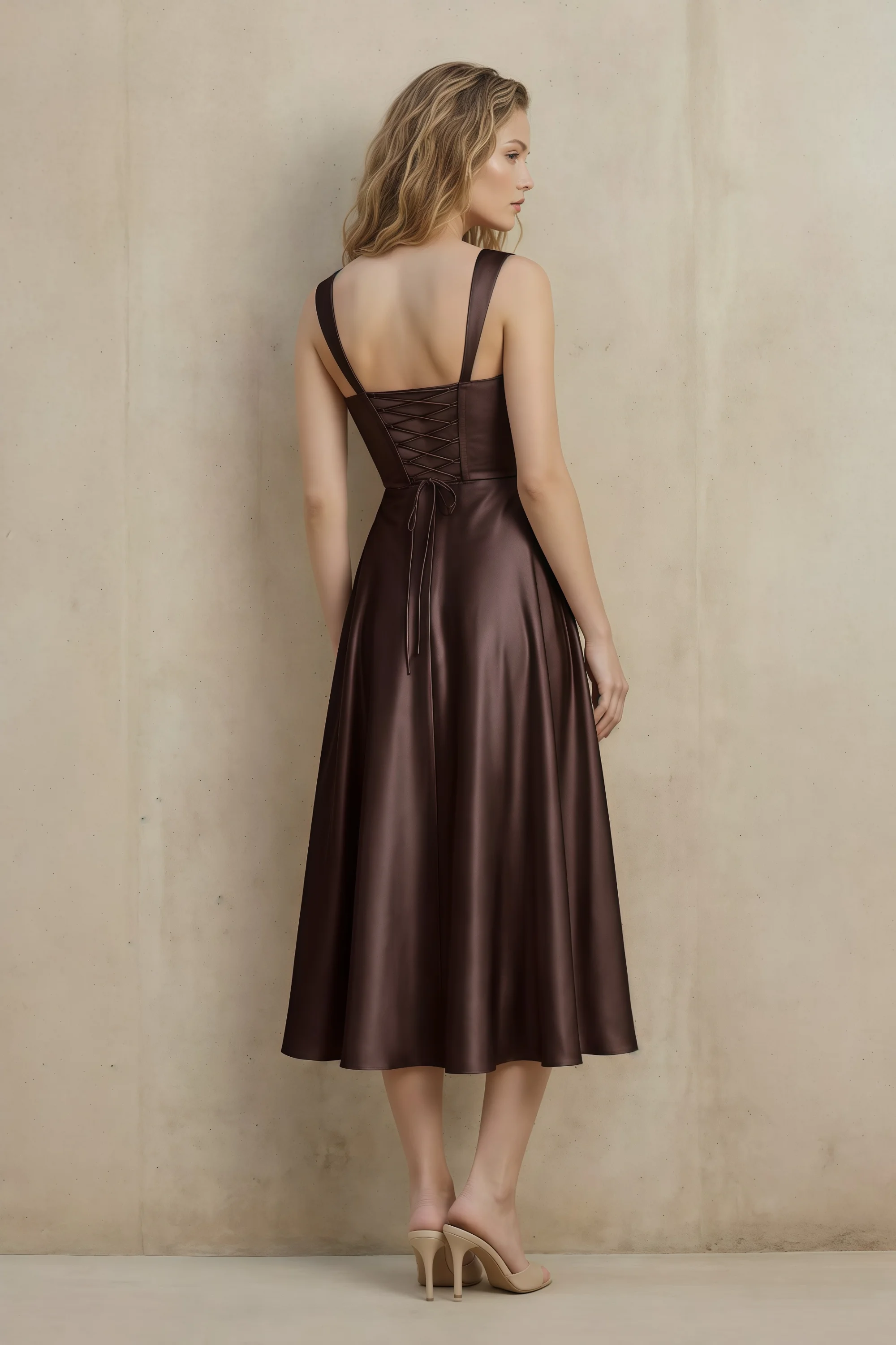 Abby Chocolate Brown Satin Square Neck Ruched Midi Dress Secondary image