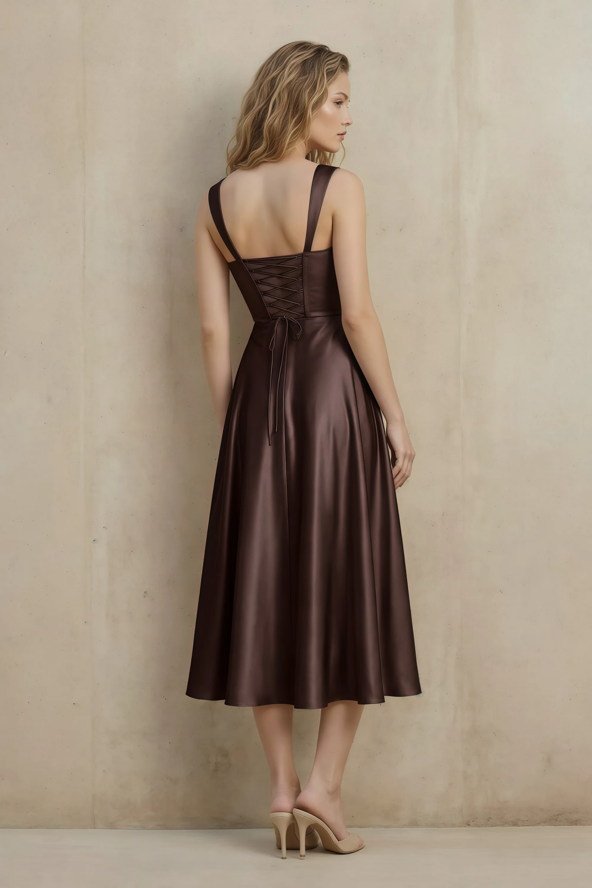 Abby Chocolate Brown Satin Square Neck Ruched Midi Dress